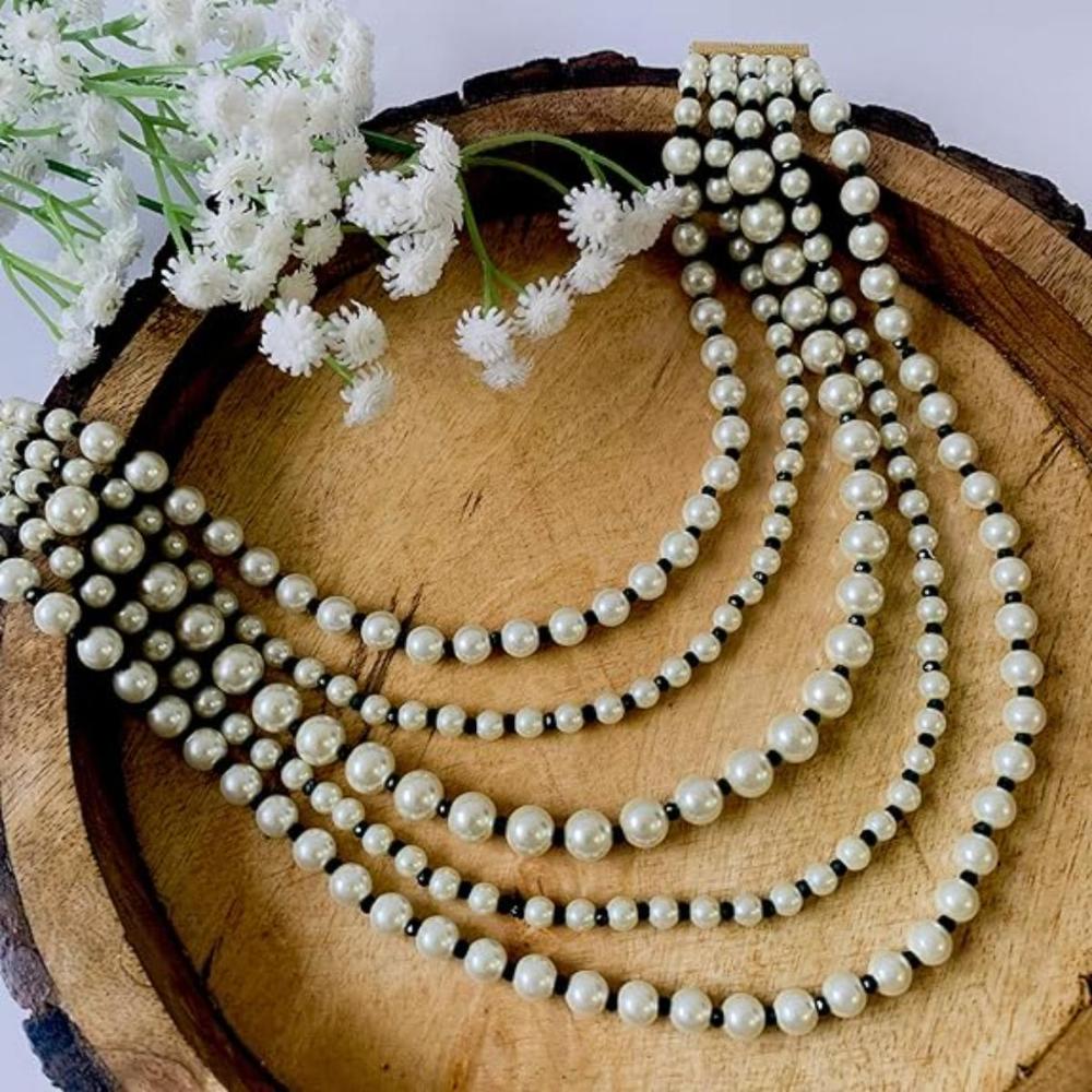 Etnico Latest Fashion Stylish Multi Layered Pearl Beads Necklace