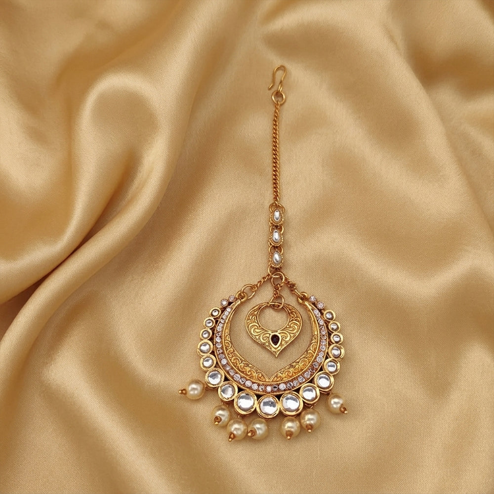 Js Fashion Fancy Design Clustered Pearl High Gold Polish Antique Maang Tikka
