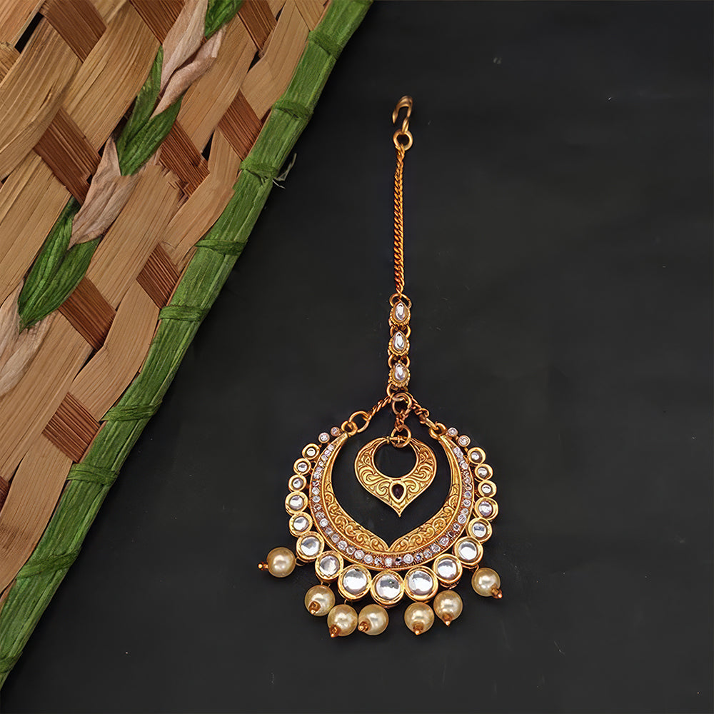 Js Fashion Fancy Design Clustered Pearl High Gold Polish Antique Maang Tikka