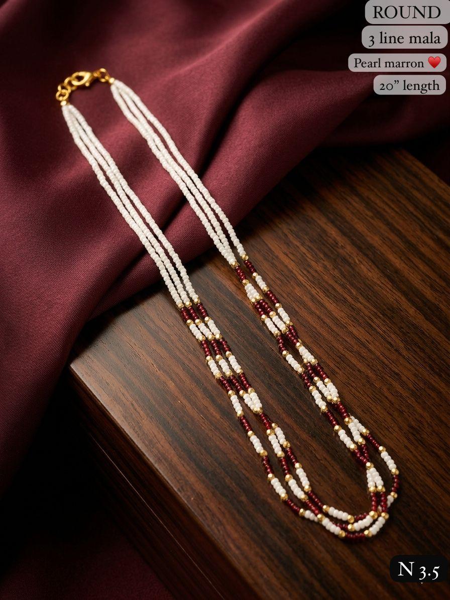 LAFZ Elegant 3-Line Maroon & Green Bead Mala Necklace – 20" Lenght Festal Kantha Mala
