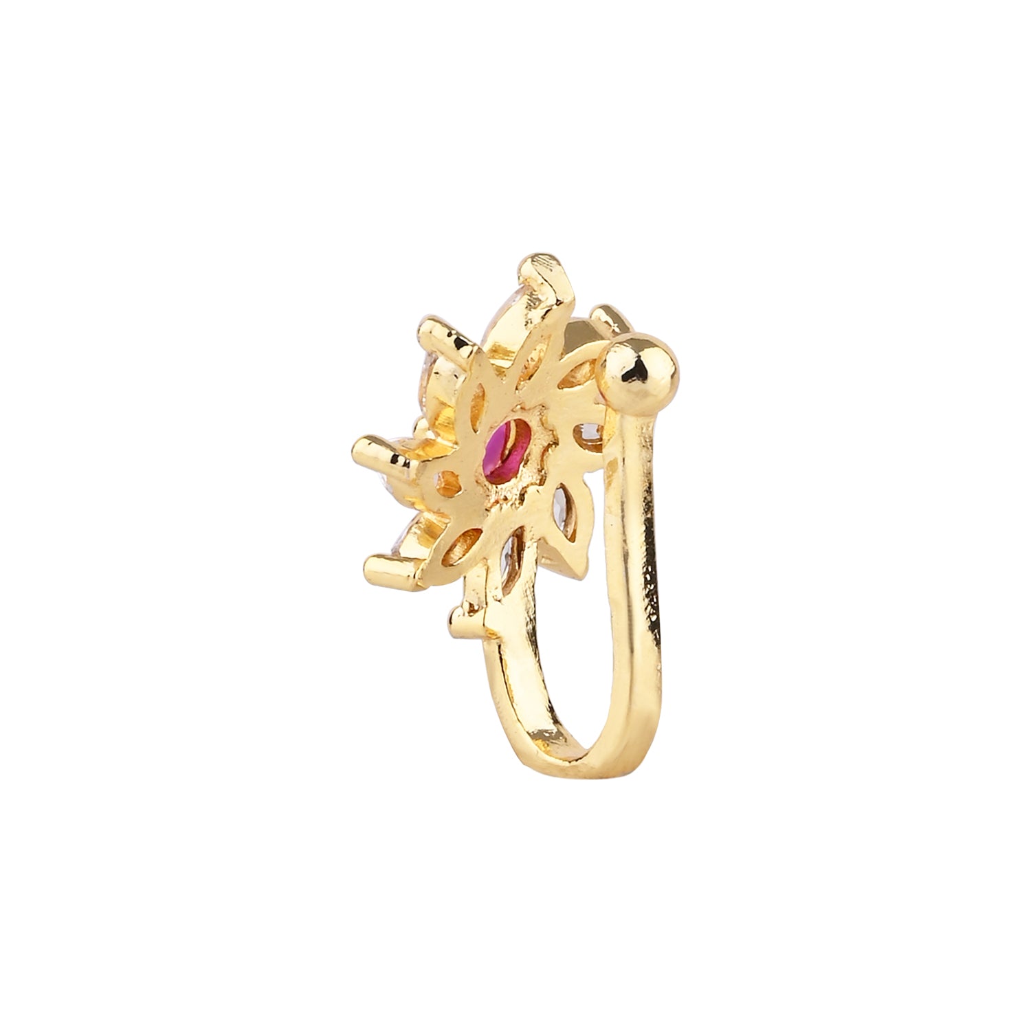 Etnico Gold Plated Floral Shaped Cubic Zirconia American Diamond Clip On Non Piercing Pressing Type Nose Pin, Stud For Women