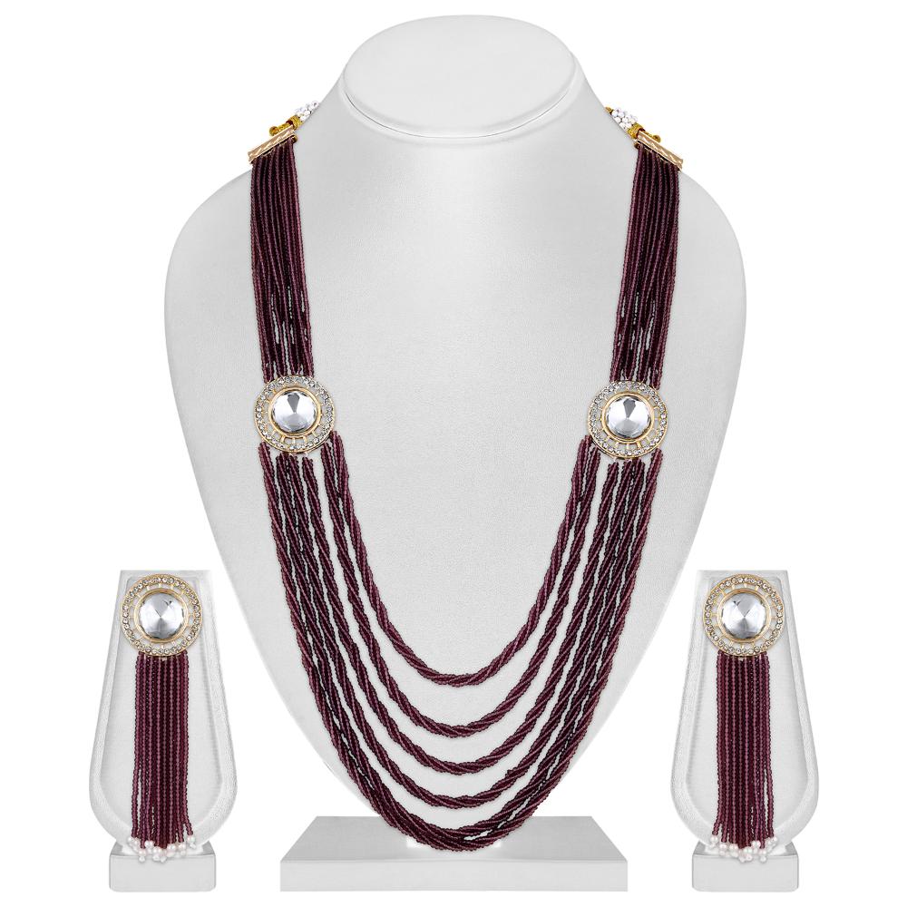 Mahi Gold Plated Maroon and White Crystal Beaded Maharani Layered Neck