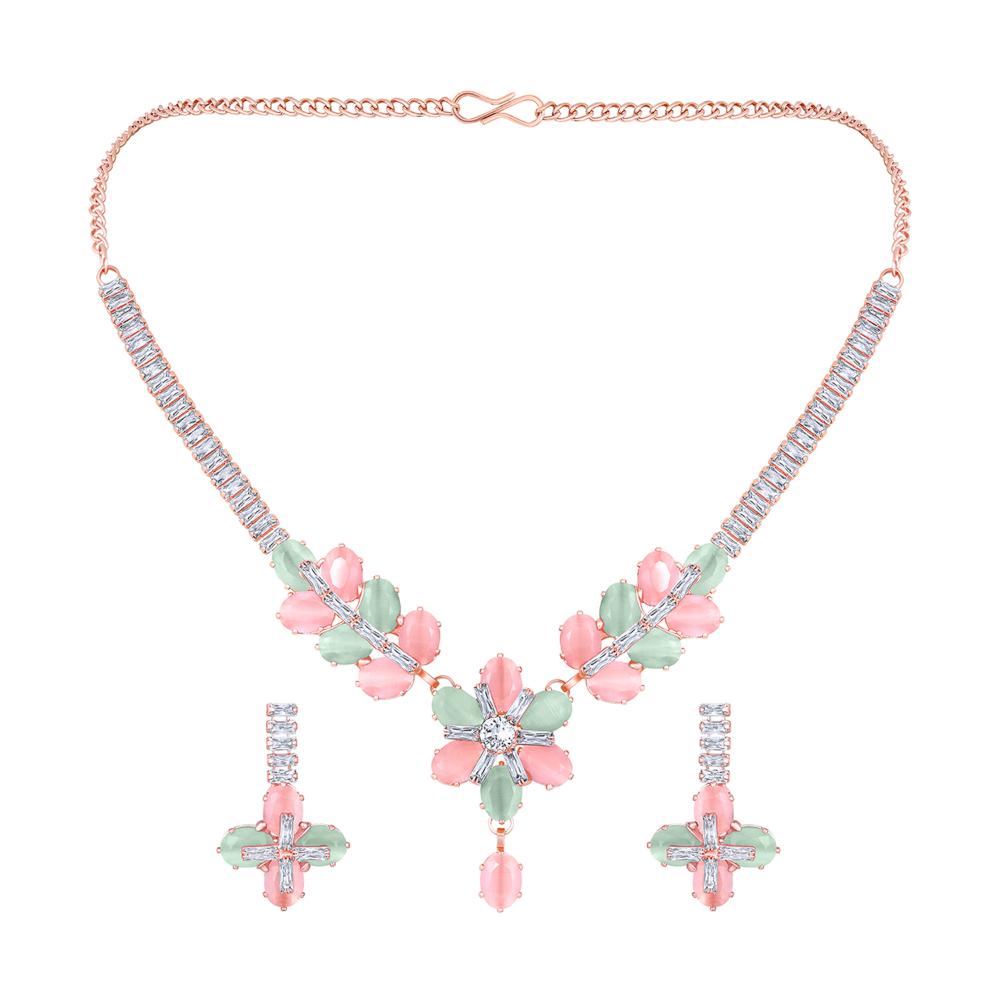 Mahi Rosegold Plated Multicolor Cubic Zirconia (CZ) Floral Women's Necklace Set (NL1103821ZMul)