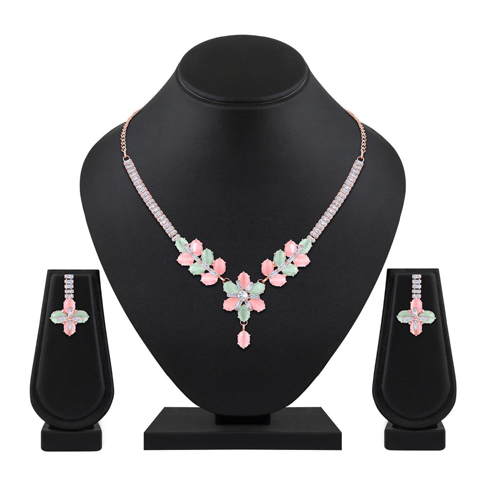 Mahi Rosegold Plated Multicolor Cubic Zirconia (CZ) Floral Women's Necklace Set (NL1103821ZMul)