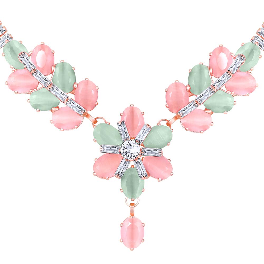 Mahi Rosegold Plated Multicolor Cubic Zirconia (CZ) Floral Women's Necklace Set (NL1103821ZMul)