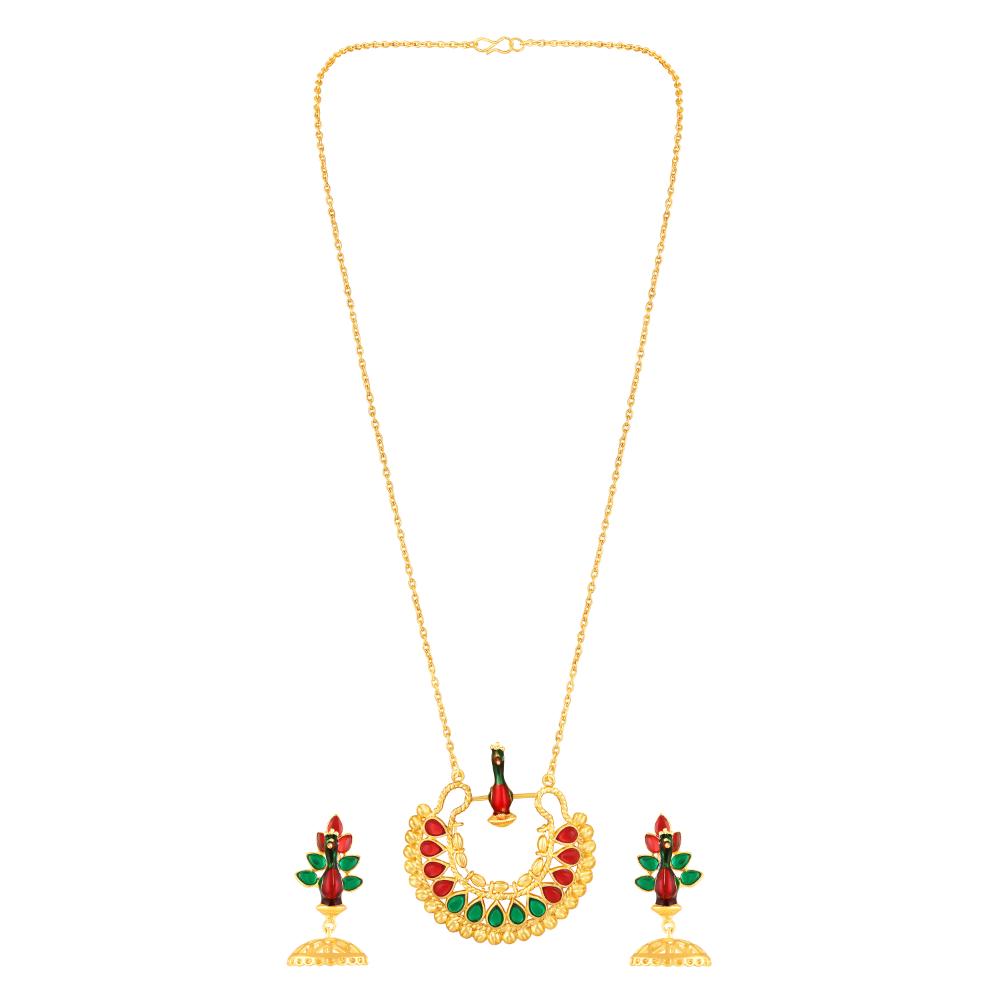 Mahi Meenakari Enamel Dancing Peacock-Shaped Pendant and Dangler Jhumka Earrings with Crystals for Women (NL1103839GMul)