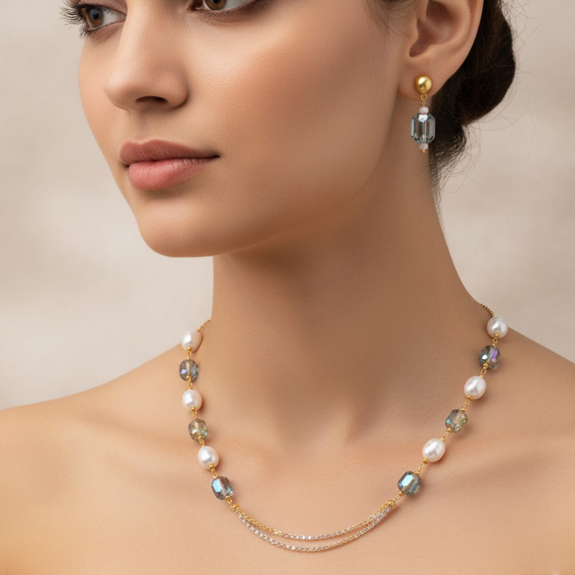 Mahi Elegant Gold Plated Choker Necklace and Matching Earrings for Women with Artificial Pearls and Crystals (NL1103868G)