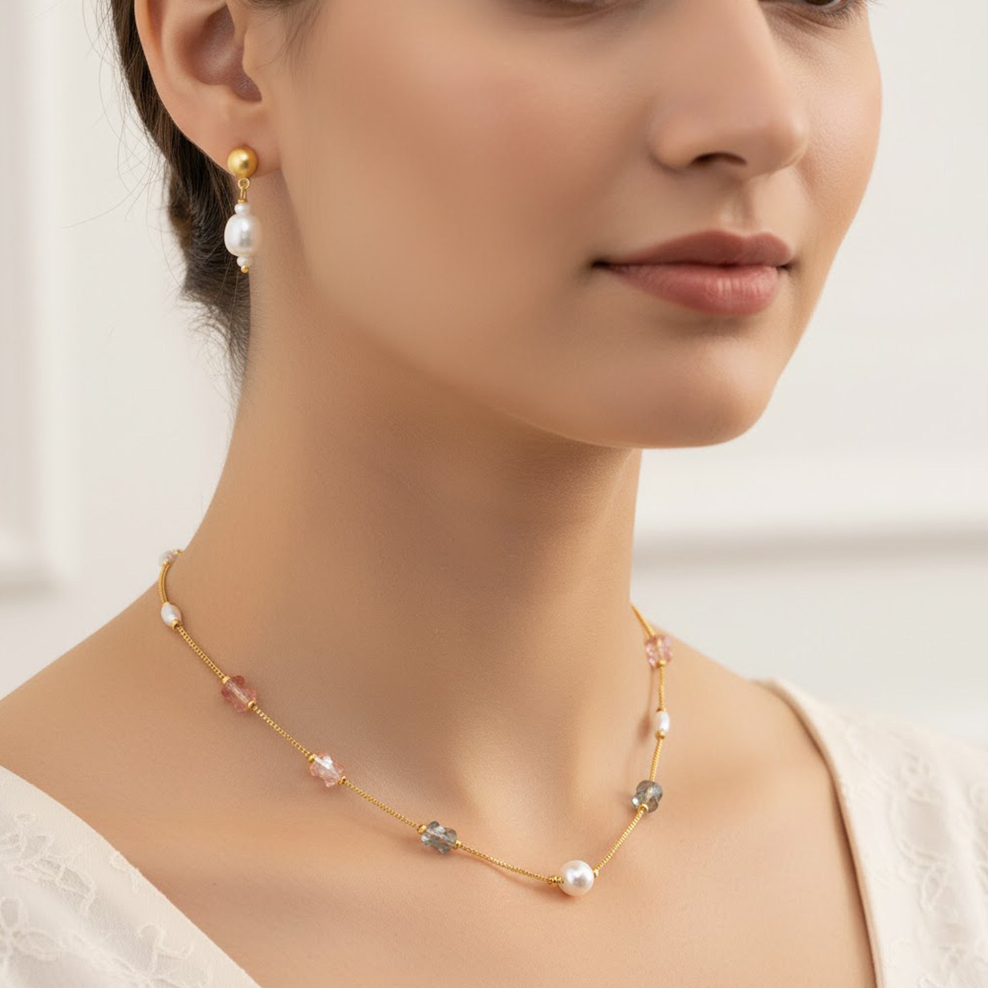 Mahi Gold-Plated Lightweight Delicate Artificial Pearl & Multicolor Crystal Bead Necklace Set for Women and Girls (NL1103869G)