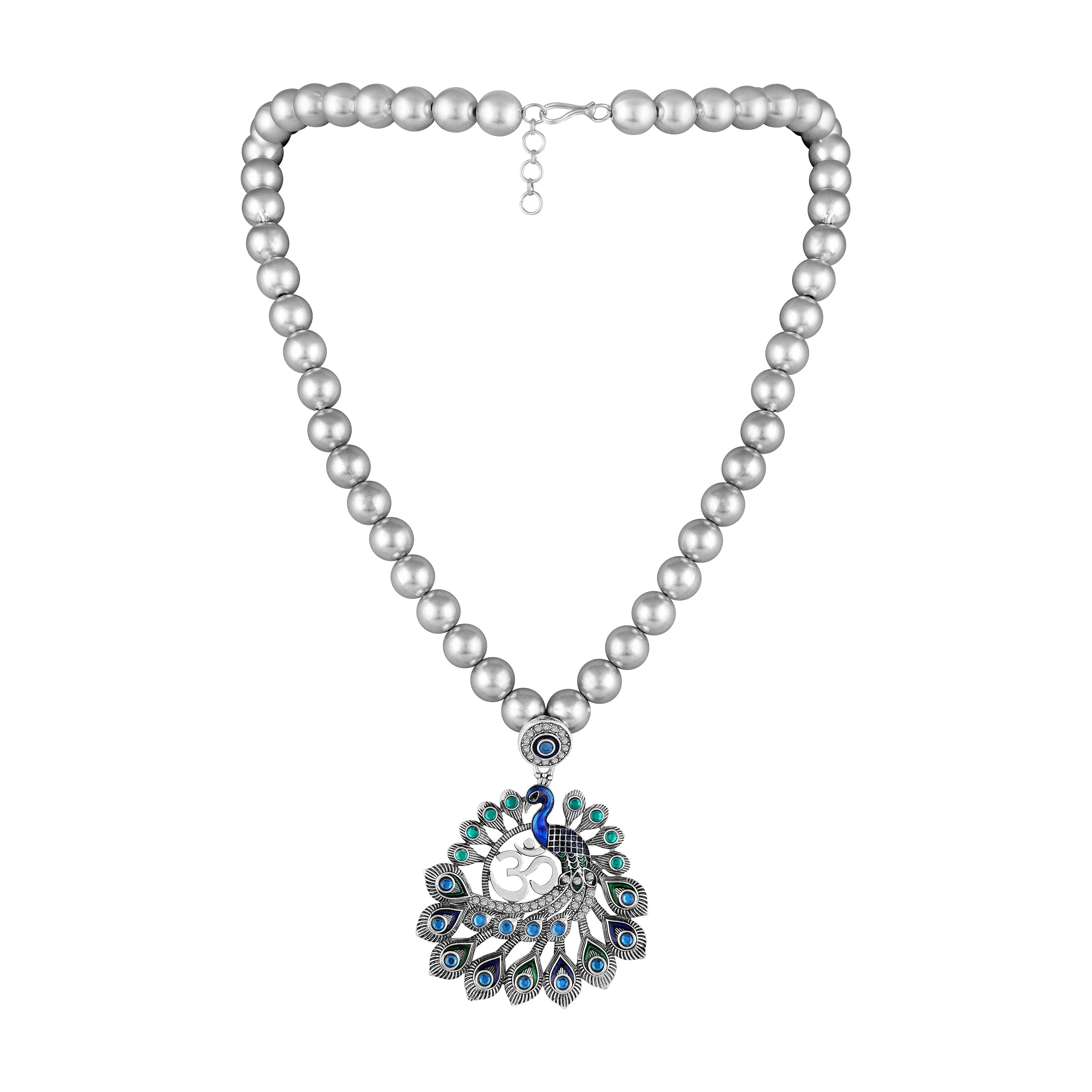 Mahi Peacock-Shaped Om Oxidised Silver Artificial Pearl Beaded Necklace Set for Women | Enamel & Crystals with Pearl Drop Earrings (NL1108125R)