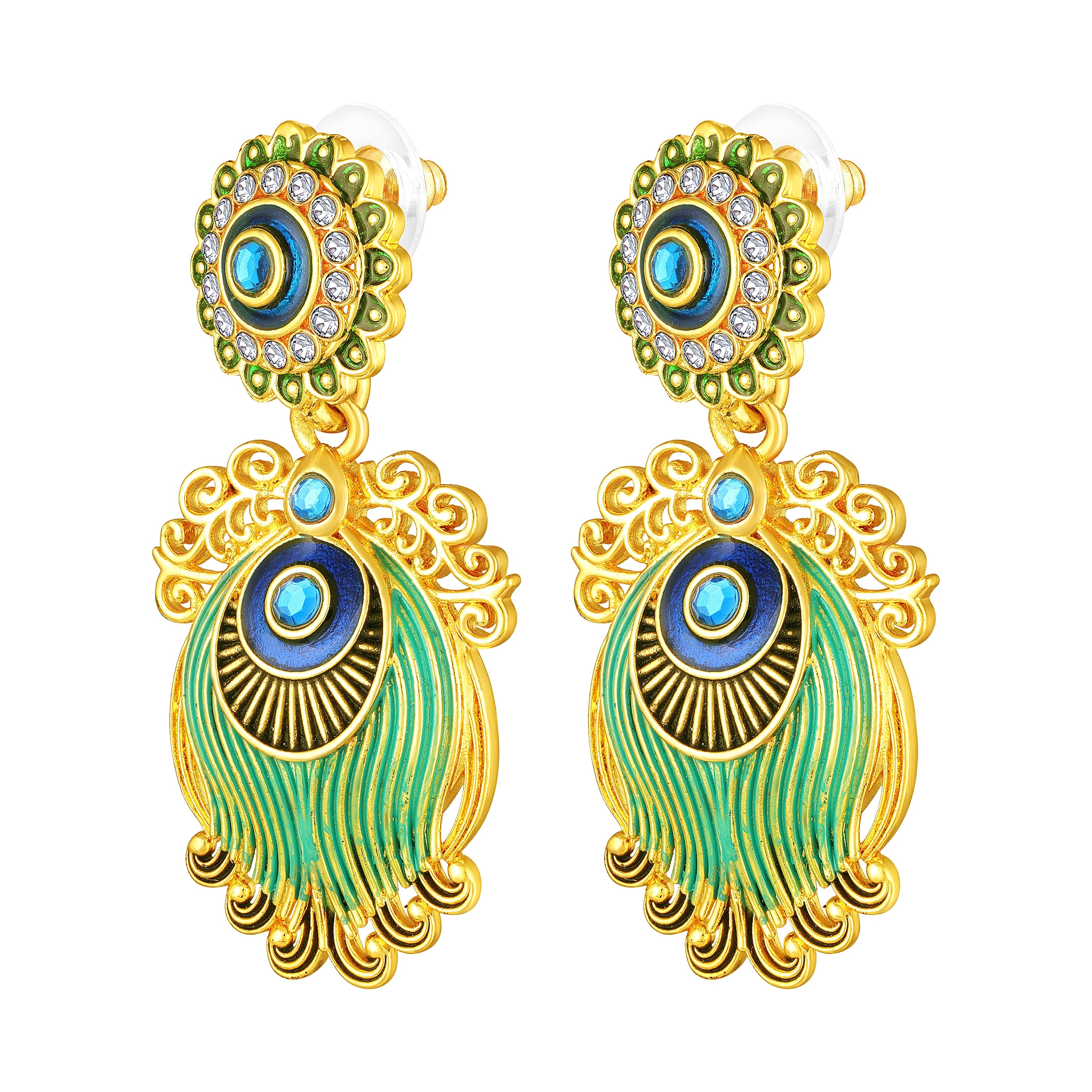 Mahi Peacock-Shaped Om Artificial Pearl Beaded Necklace Set for Women | Enamel & Crystals with Pearl Drop Earrings (NL1108126G)