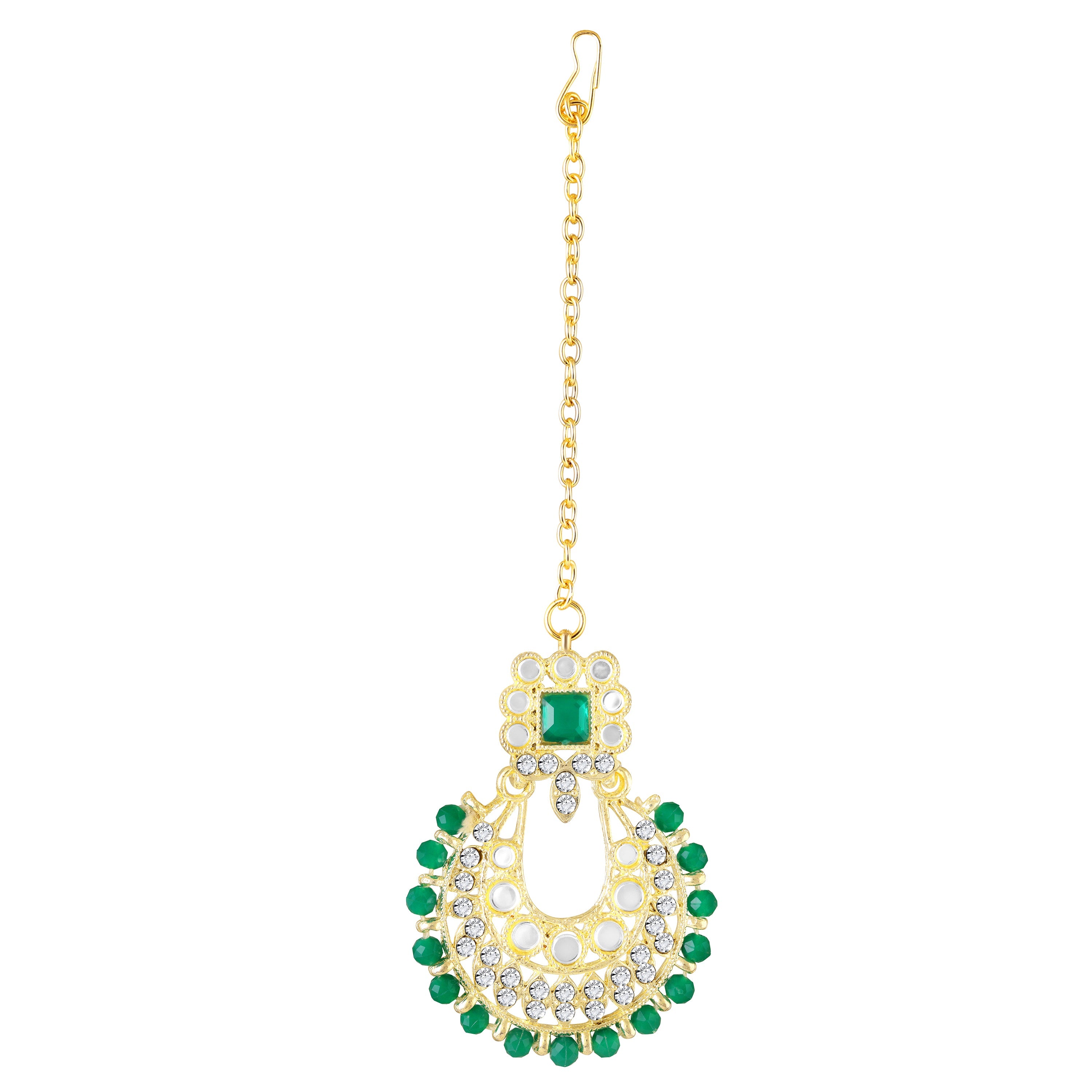 Mahi Ethnic Wedding & Festive Wear Green Kundan & Mirror Stone Bridal Choker Jewellery Set with Earrings & Maang Tikka Necklace Set for Women (NL1108127GGre)