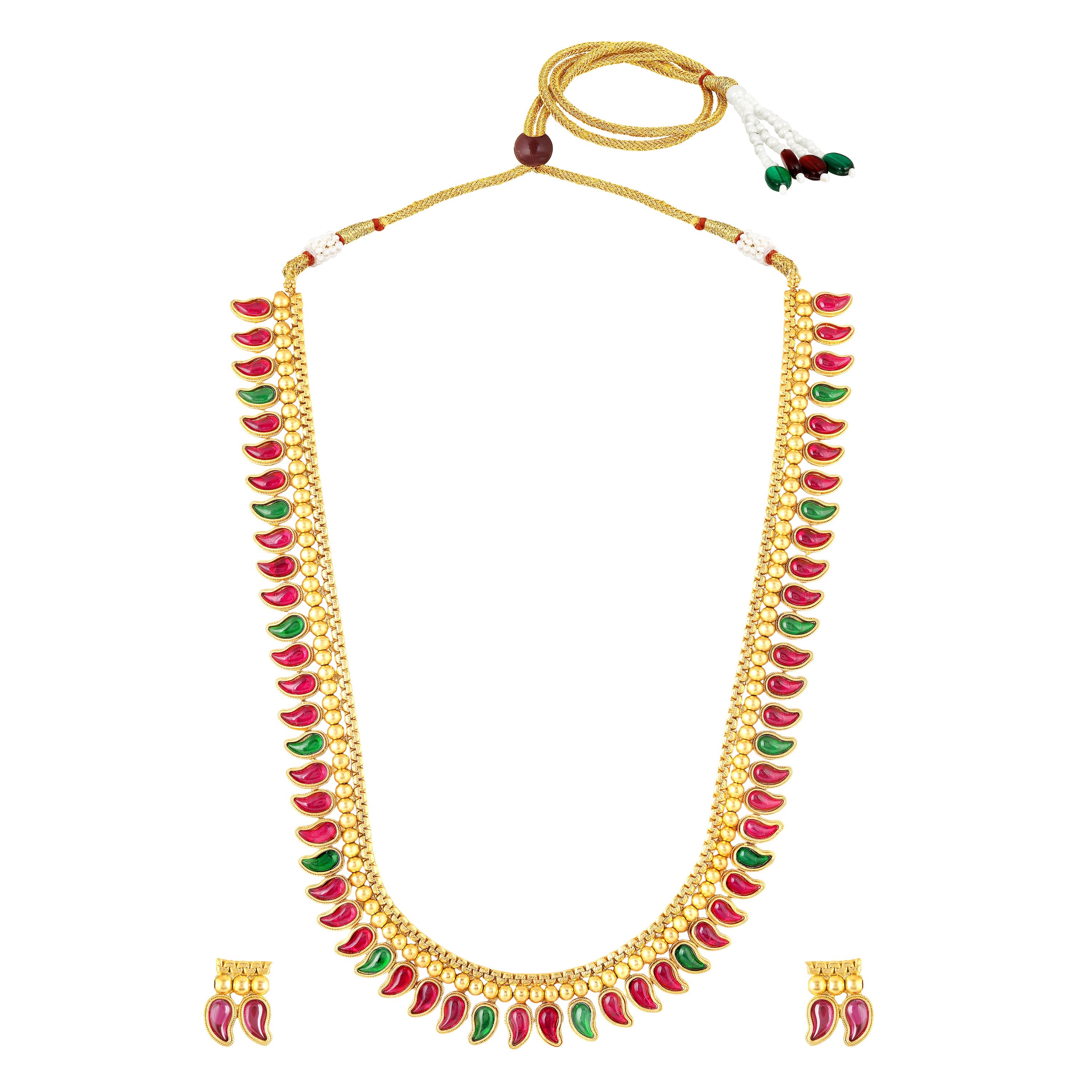 Mahi Traditional South Indian Mango Mala Necklace Set with Kundan for Women Temple Jewellery Style with Matching Earrings (NL1108133G)