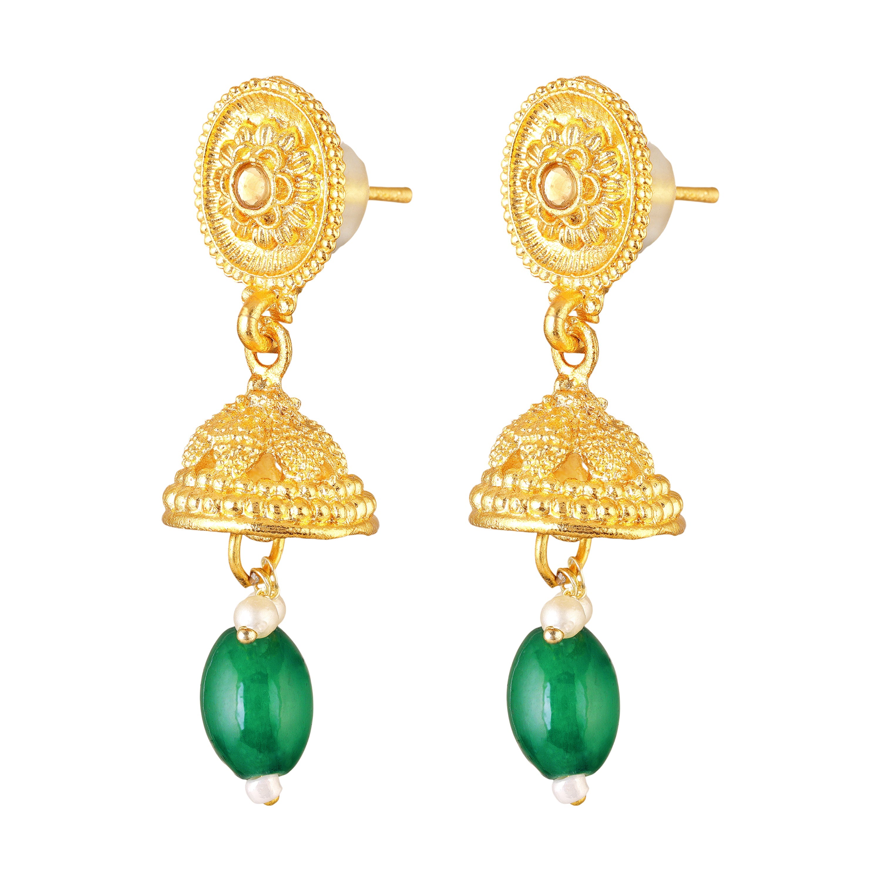Mahi Traditional Temple Jewellery Kundan and Artificial Pearls Long Haram Necklace Set with Jhumka Earrings for Women | South Indian Bridal Jewellery (NL1108138G)