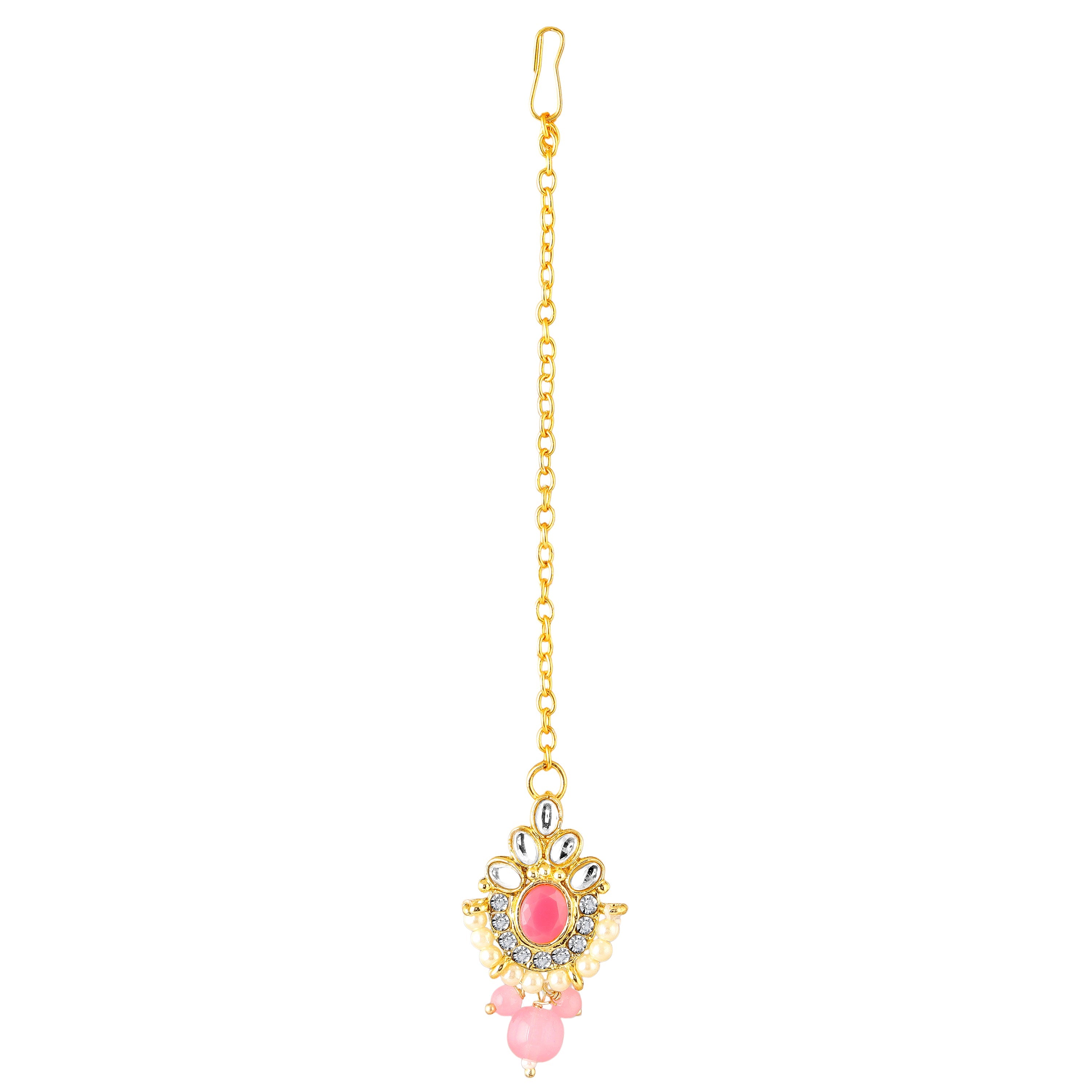 Mahi Pink White Kundan and Glass Beads Traditional Choker Necklace Set Earrings and Maang Tikka Jewellery Set for Women (NL1108141GLPin)