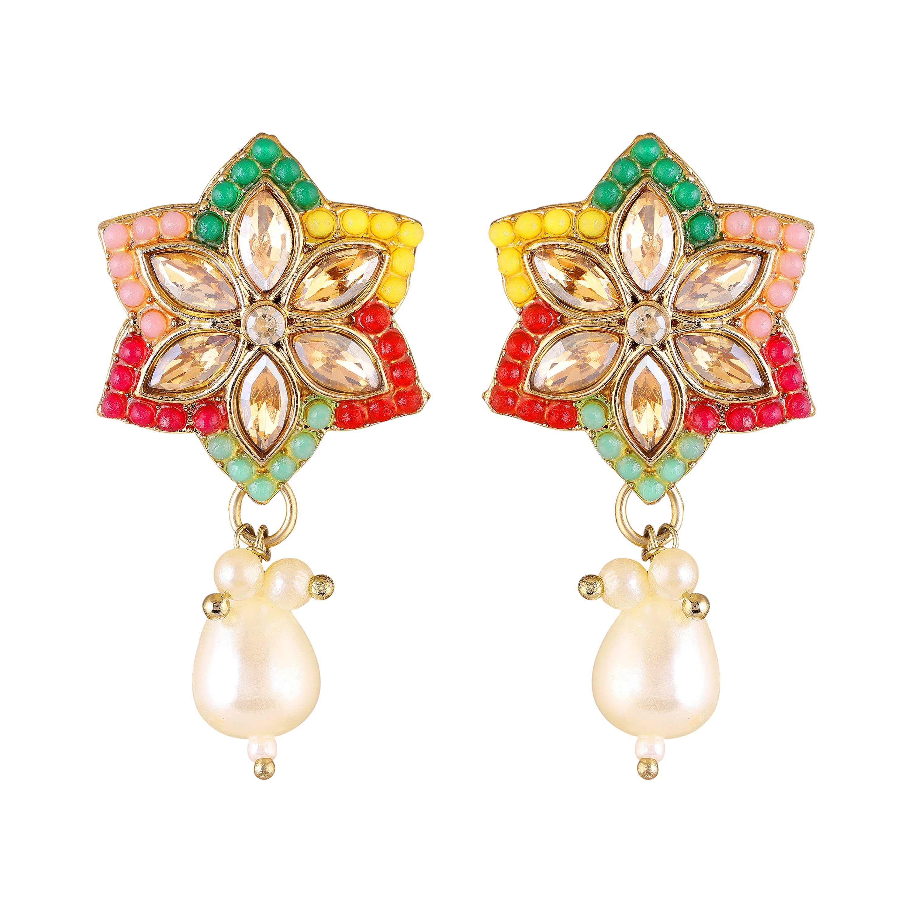 Mahi Traditional Multicolor Kundan & Artificial Pearl Beaded Floral Necklace Set with Earrings for Women & Girls | Ethnic Jewellery Set for Wedding & Festive Wear (NL1108145GMul)