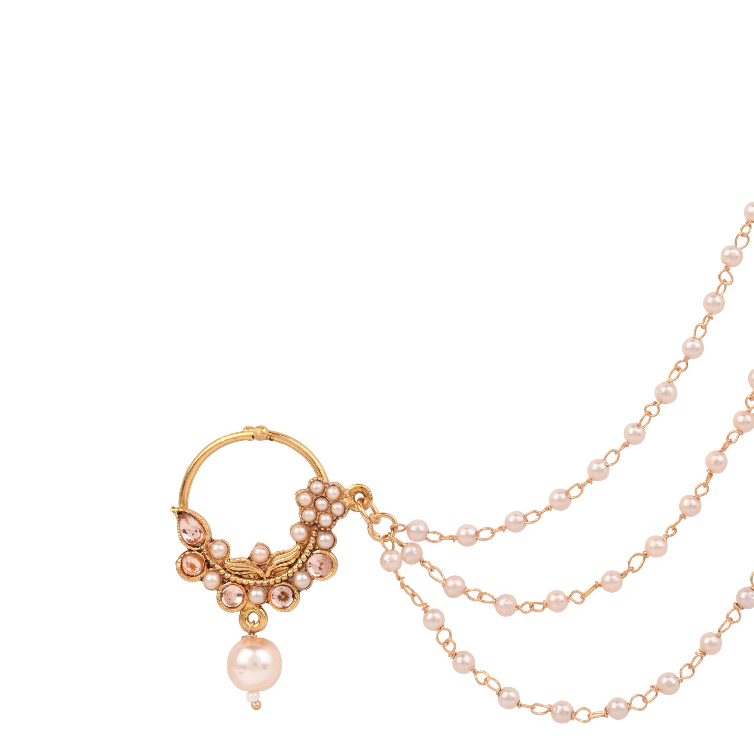 Etnico Gold Plated Traditional Bridal Nath/Nose Ring Without Piercing with Pearl Chain & Stone for Women (Gold)