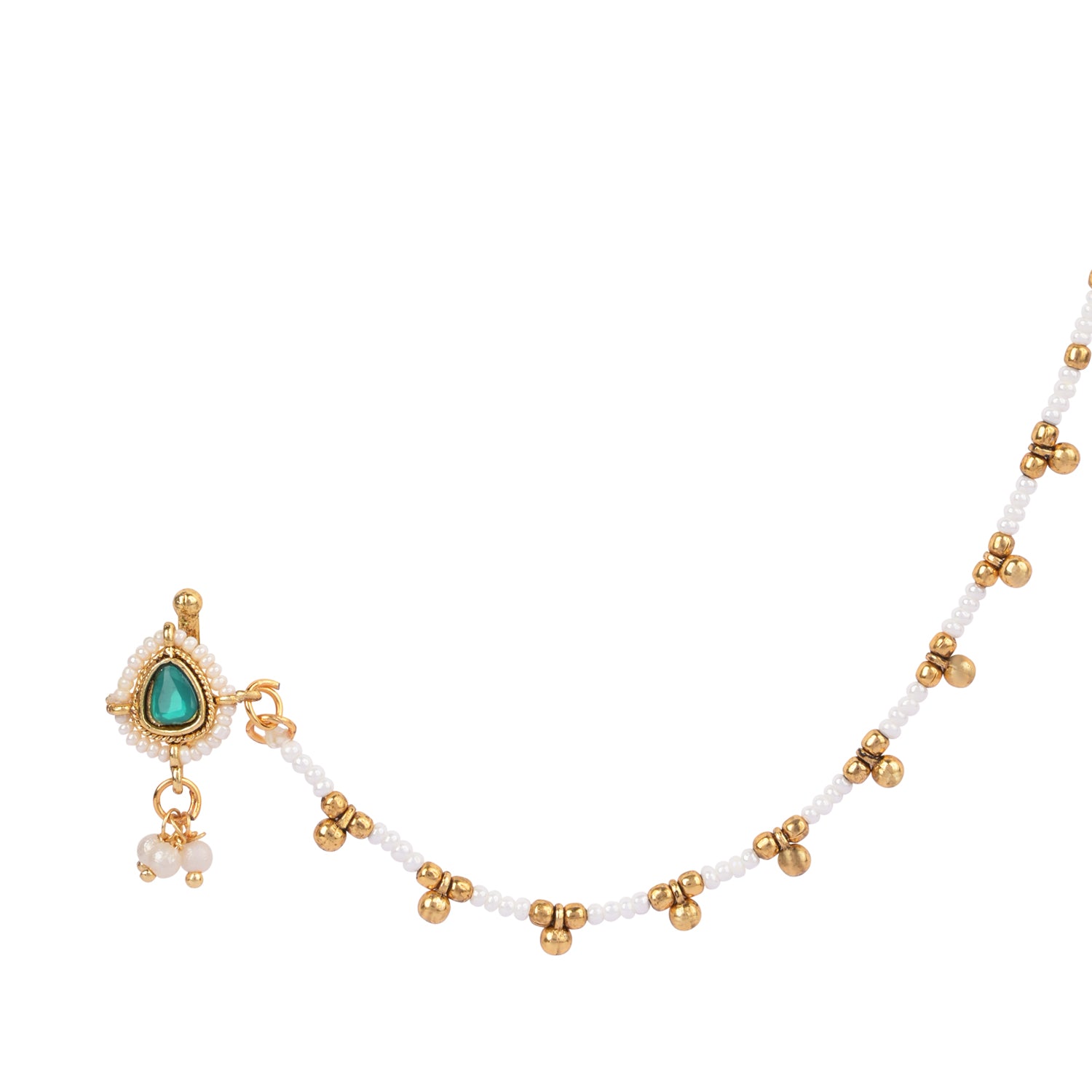 Etnico Gold Plated Traditional Ethnic Bridal Nose Ring/Nath Without Piercing with Chain Encased with Stone for Women (Green)