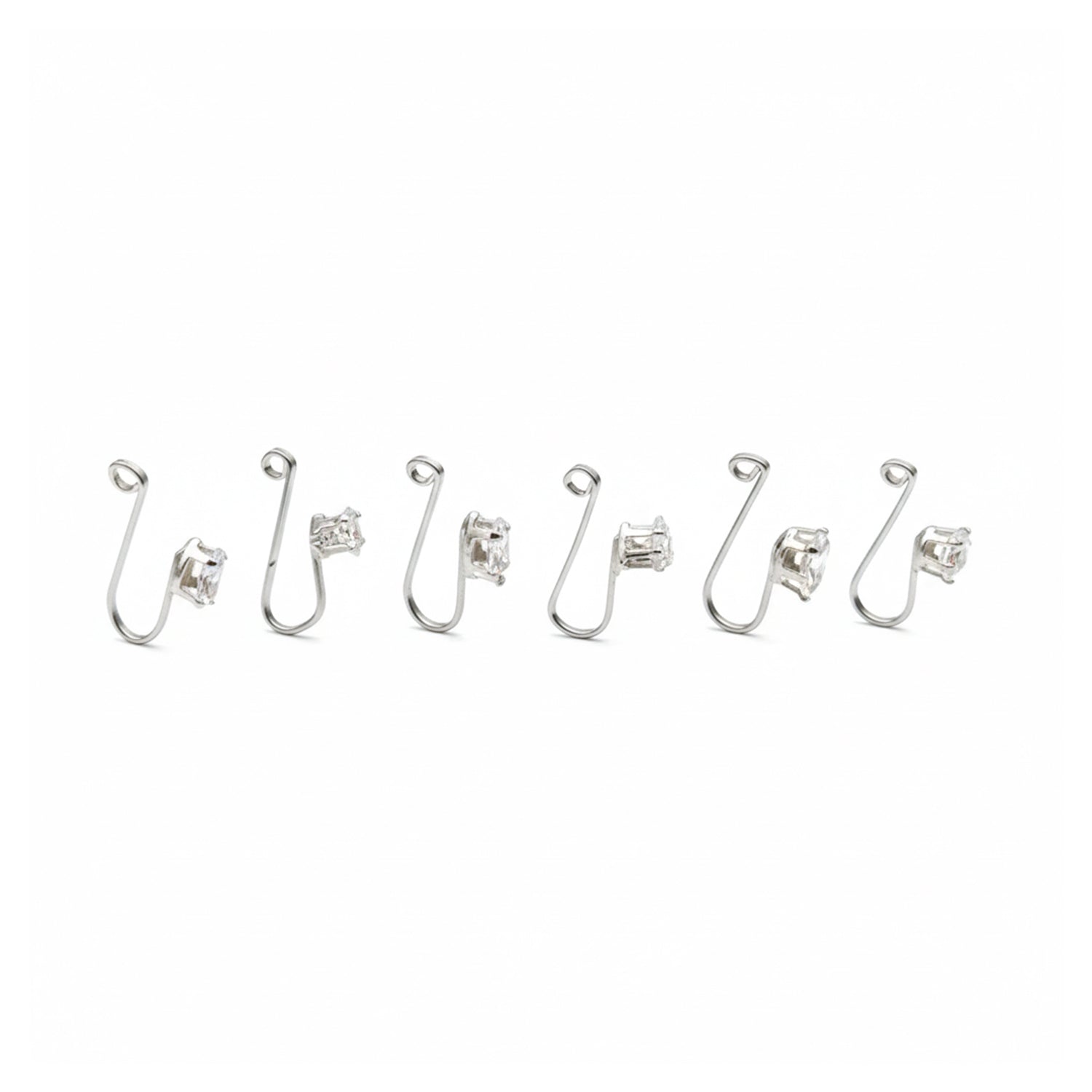 Etnico Silver Plated Cubic Zirconia American Diamond Clip On Non Piercing Pressing Type Nose Pin/Stud Combo Pack For Women (NL193S-CO)
