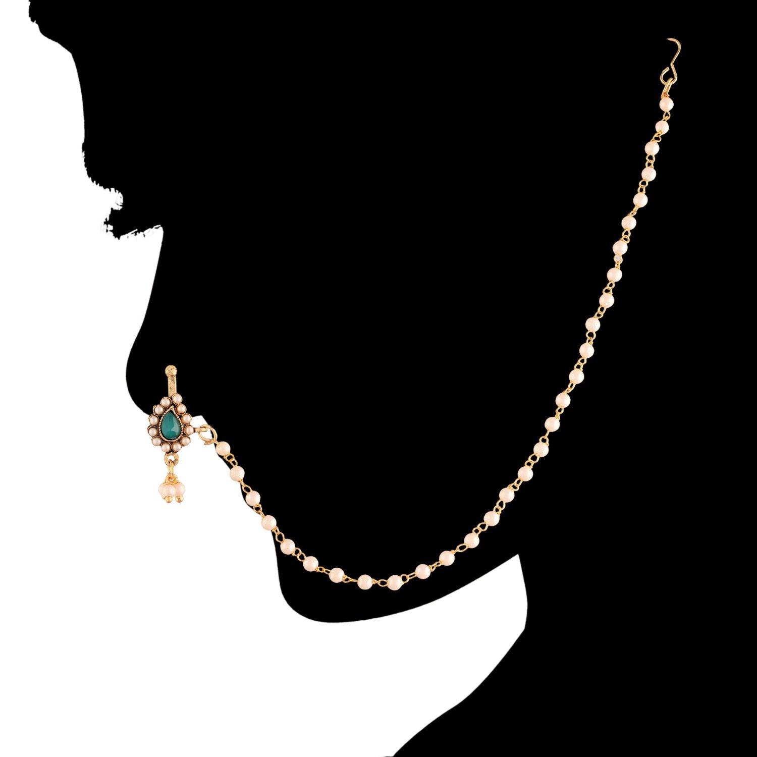Etnico 18k Gold Plated Traditional Ethnic Bridal Nose Ring/Nath without piercing with Pearl Chain Encased with Pearl Stone for Women/Girls (NL35G)