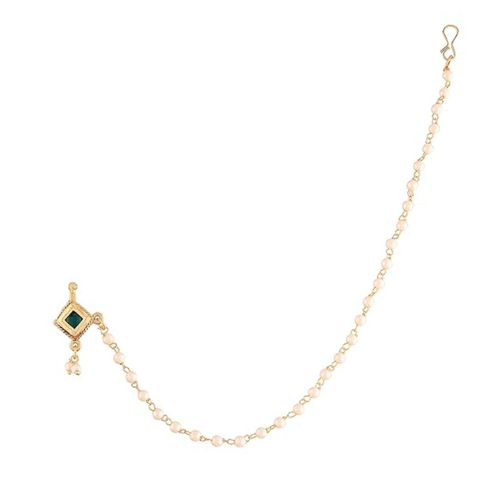 Etnico 18k Gold Plated Traditional Ethnic Bridal Nose Ring/Nath without piercing with Pearl Chain Encased with Pearl Stone for Women/Girls (NL36G)