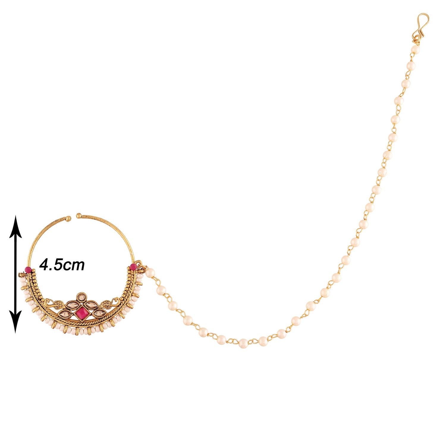 Etnico 18k Gold Plated Traditional Ethnic Bridal Nose Ring/Nath without piercing with Pearl Chain Encased with Pearl Stone for Women/Girls (NL38Q)