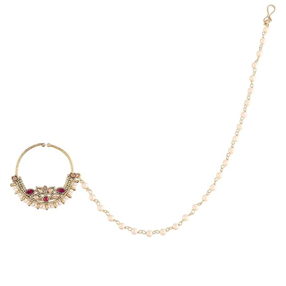 Etnico 18k Gold Plated Traditional Ethnic Bridal Nose Ring/Nath without piercing with Pearl Chain Encased with Pearl Stone for Women/Girls (NL41Q)