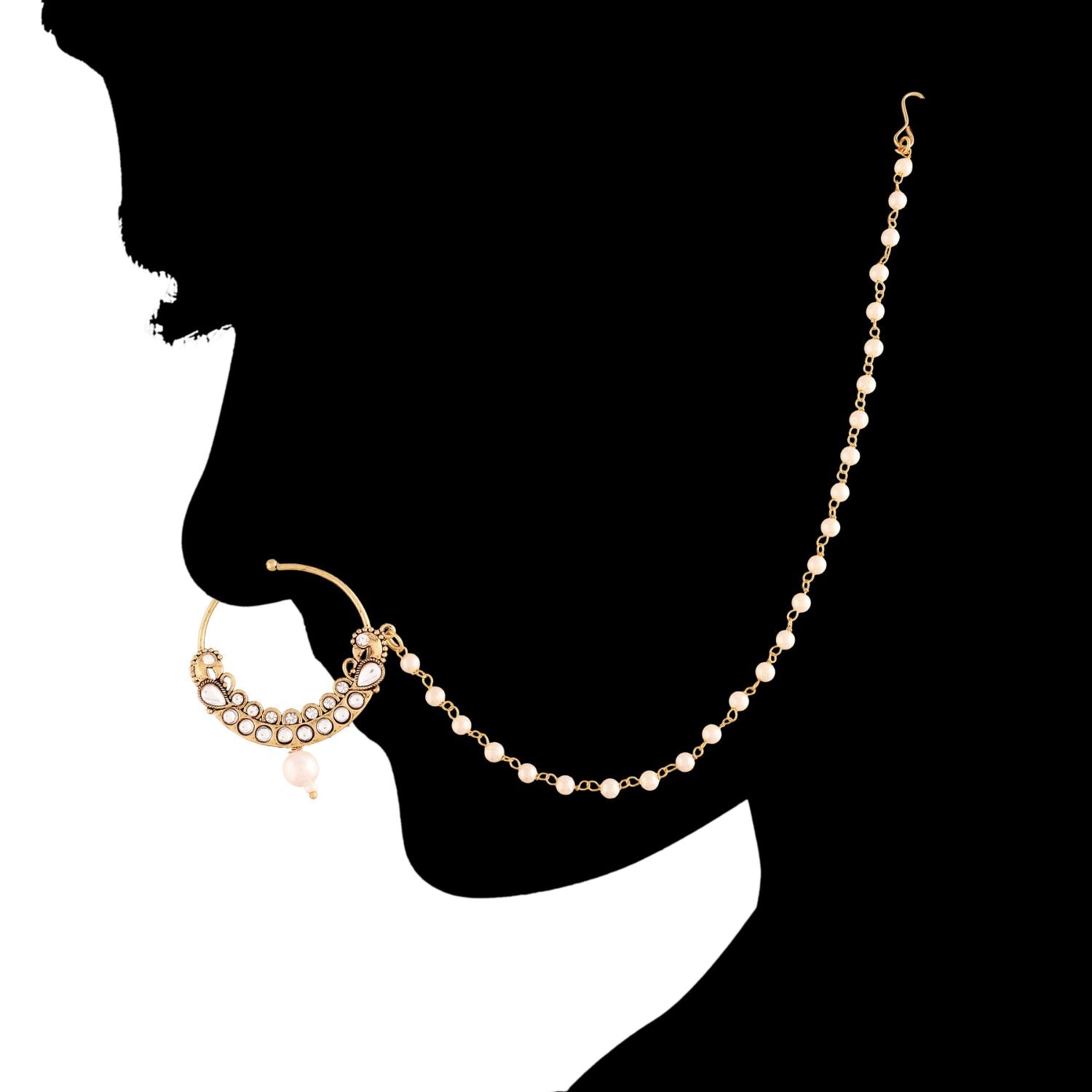 Etnico Gold Plated Traditional Ethnic Bridal Nose Ring/Nath without piercing with Pearl Chain Encased with Pearl Stone for Women/Girls (NL42W)