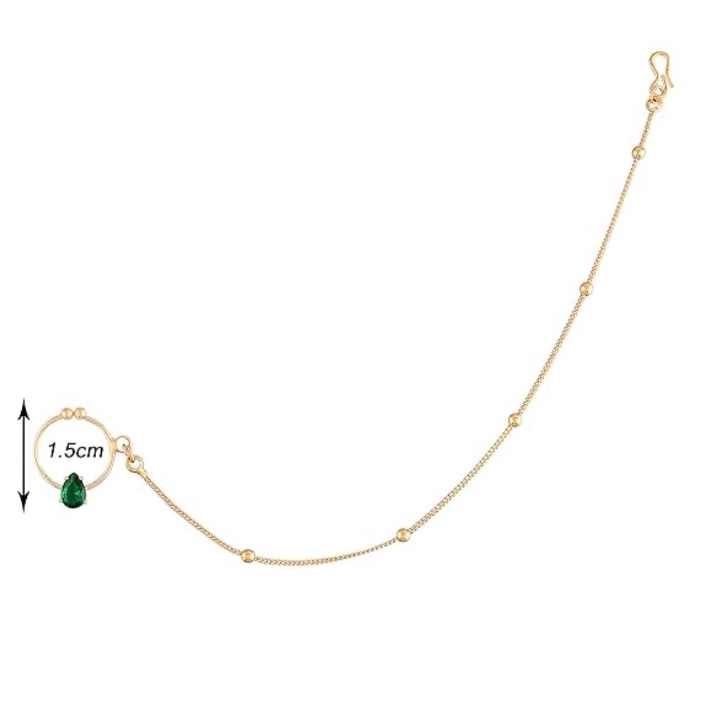 Etnico 18k Gold Plated Traditional Ethnic Bridal Nose Ring/Nath without piercing with Chain Encased with Pearl Stone for Women/Girls (NL44G)
