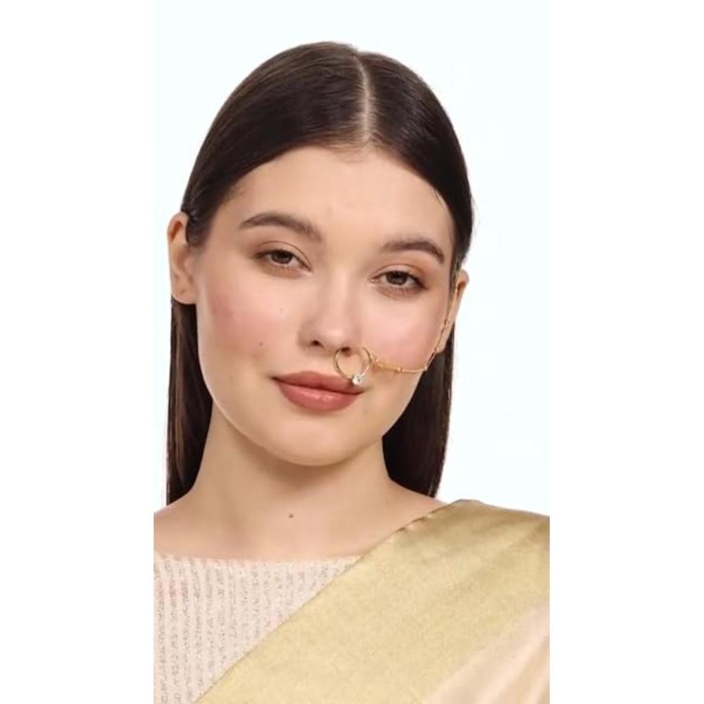 Etnico Gold Plated Nose Ring/Nath without piercing with Chain For Women (NL44W)