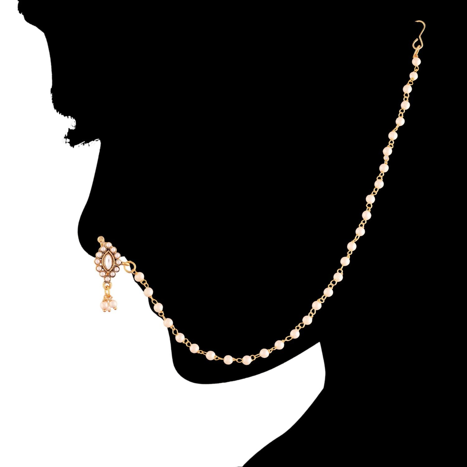Etnico 18k Gold Plated Traditional Ethnic Bridal Nose Ring/Nath without piercing with Pearl Chain Encased with Pearl Stone for Women/Girls (NL48W)