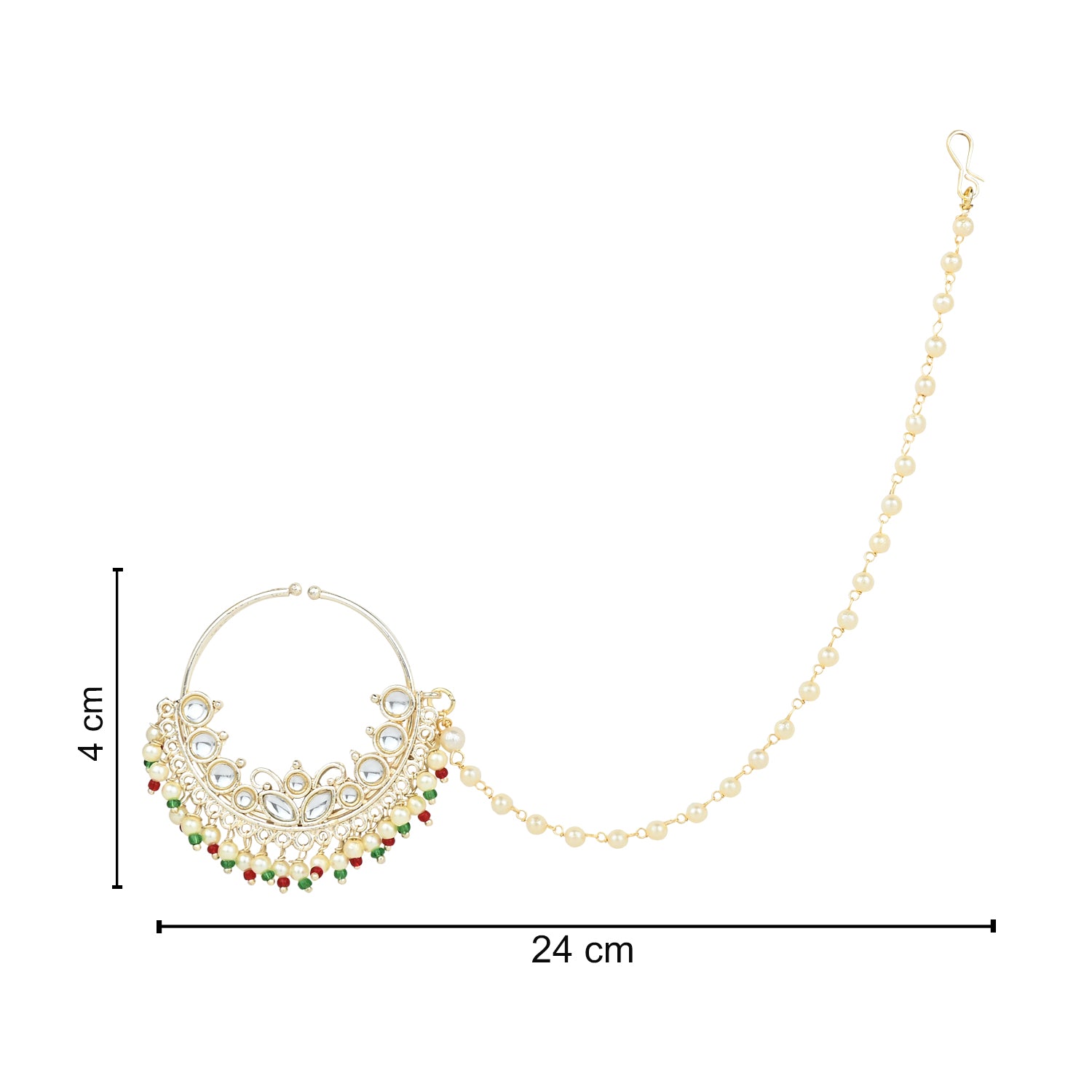 Etnico Gold Plated Traditional Ethnic Bridal Nose Ring/Nath Without Piercing with Pearl Chain Encased with Pearl Stone for Women/Girls (NL70W)