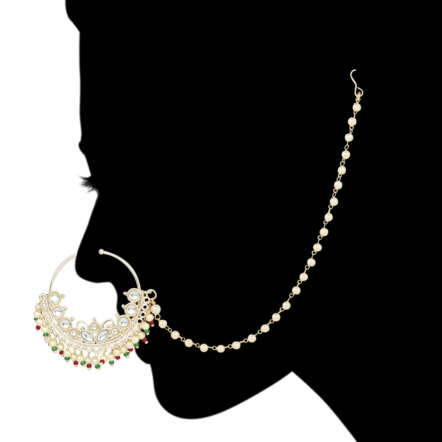 Etnico Gold Plated Traditional Ethnic Bridal Nose Ring/Nath Without Piercing with Pearl Chain Encased with Pearl Stone for Women/Girls (NL70W)