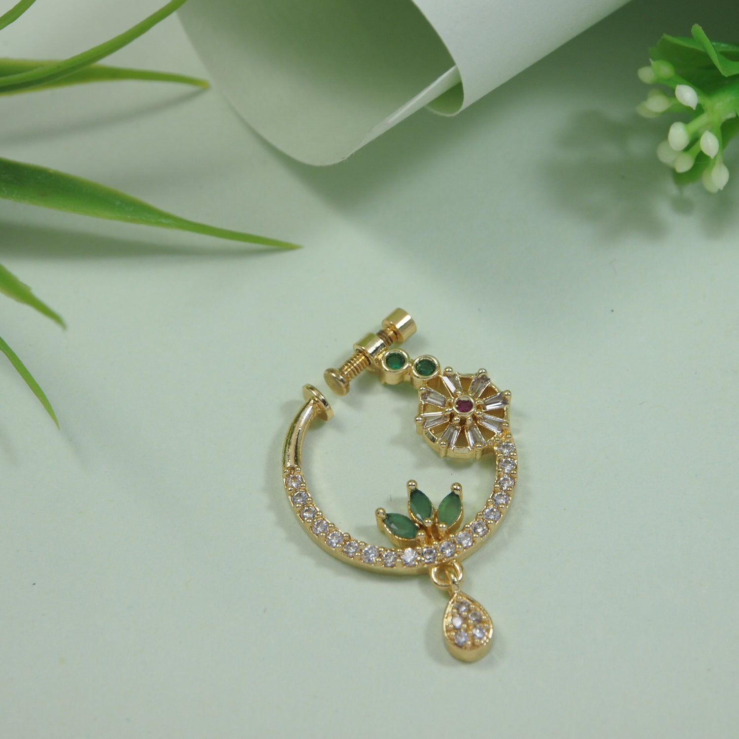 Etnico Gold Plated Drop CZ American Diamond Non-Piercing Screw Press Nose Ring For Women