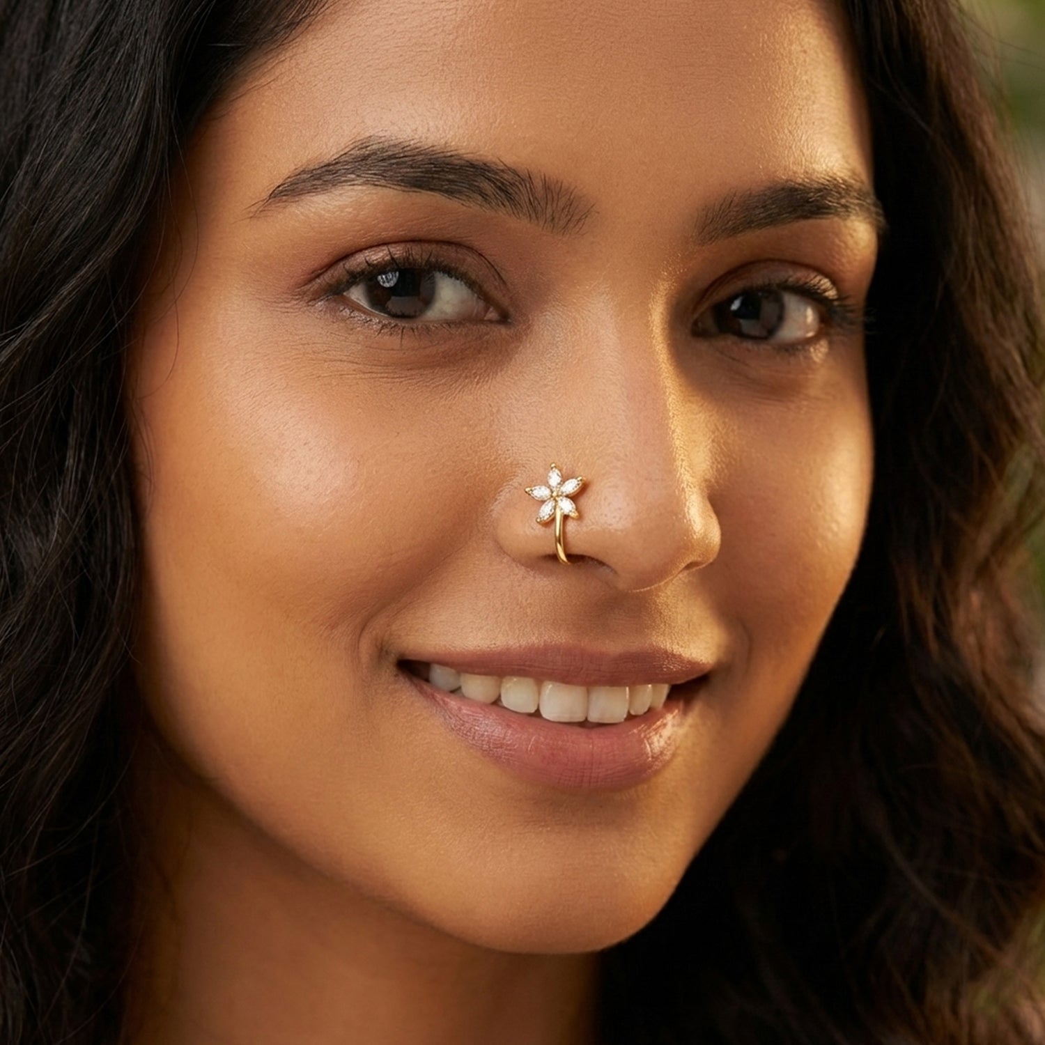 Mahi Floral Crystals Studded Non-Piercing Adjustable 5-Petal Flower Design Nose Ring | Lightweight Floral Nose Pin for Women (NR1100178GWhi)