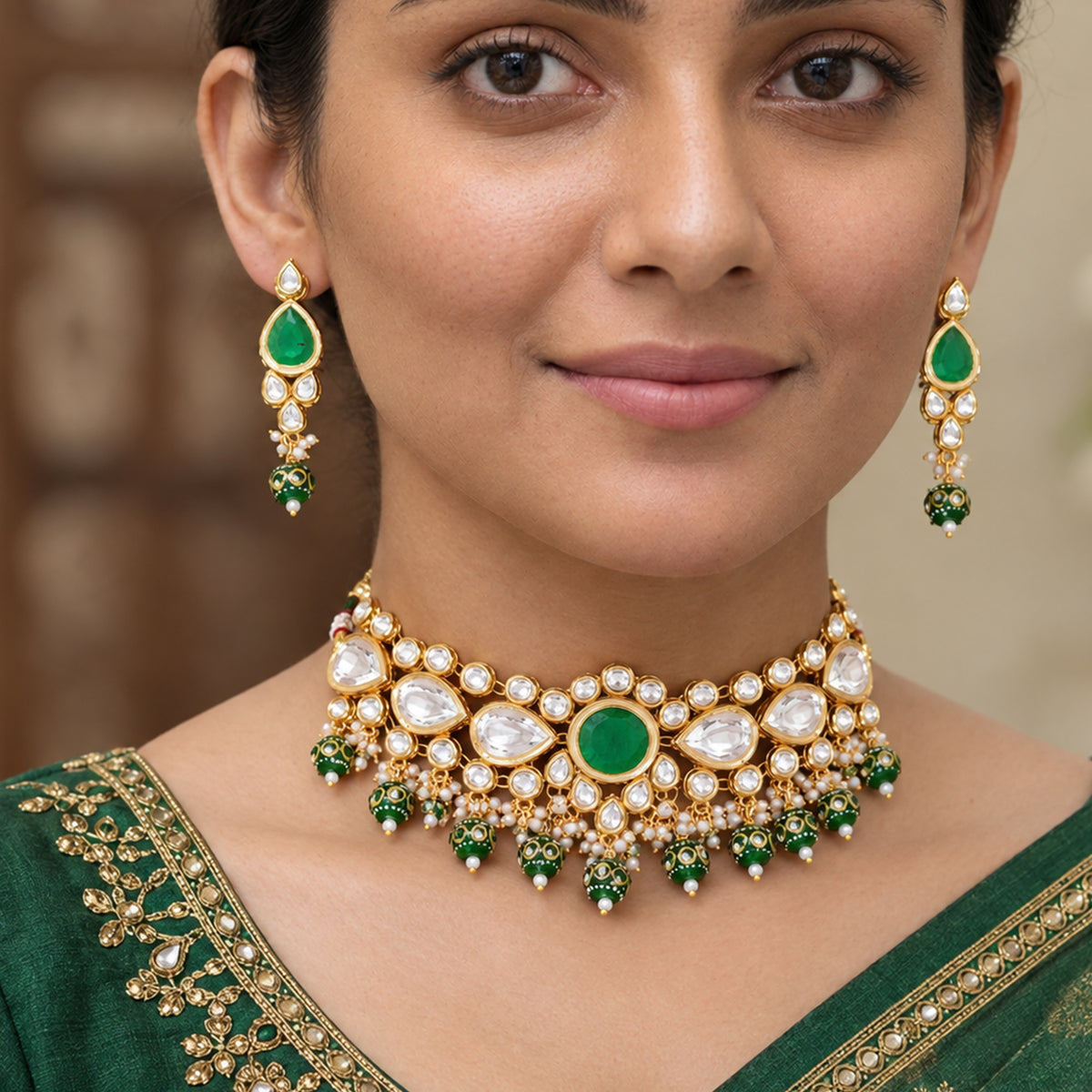 Js Fashion Fancy Design High Gold Polish Beautiful Kundan Stones Kundan Choker Style Necklace Set