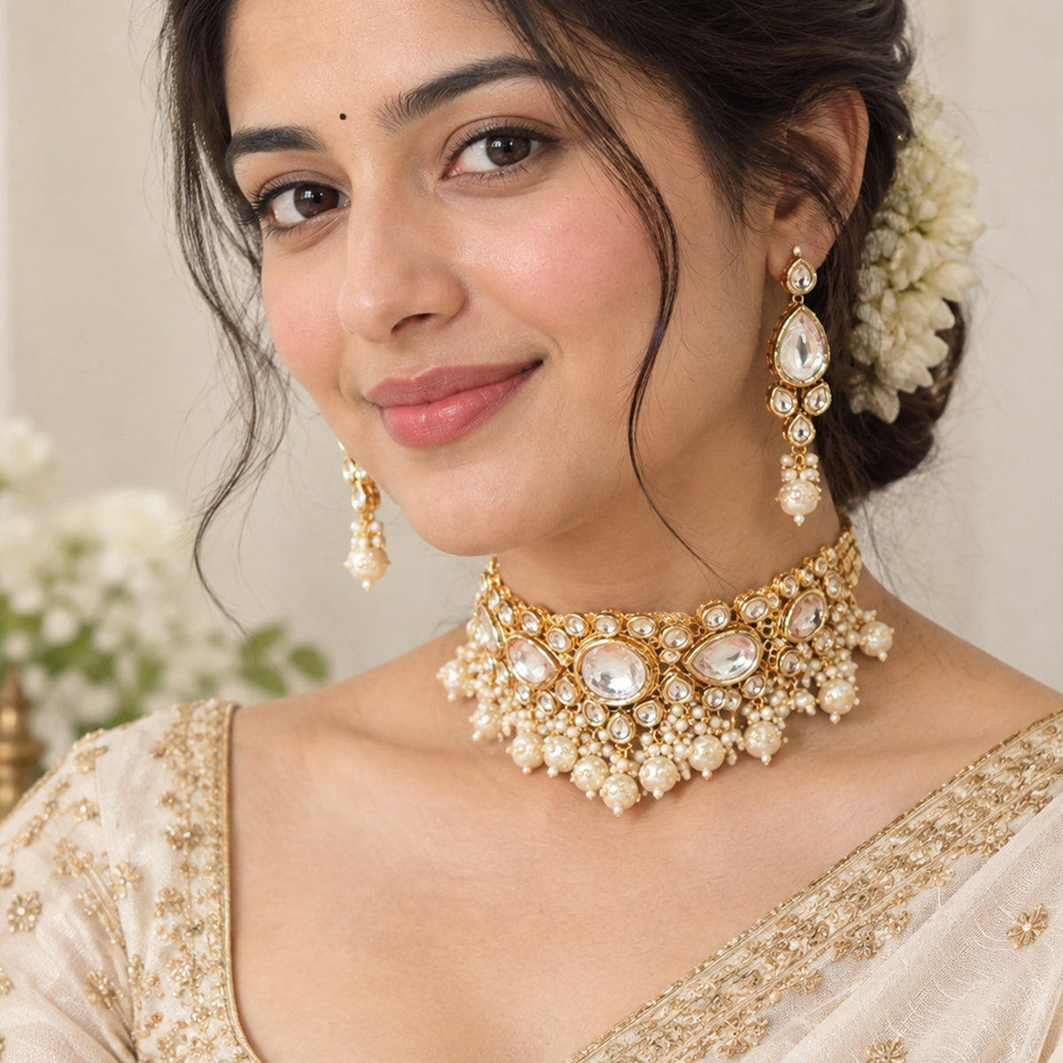 Js Fashion Fancy Design High Gold Polish Beautiful Kundan Stones Kundan Choker Style Necklace Set