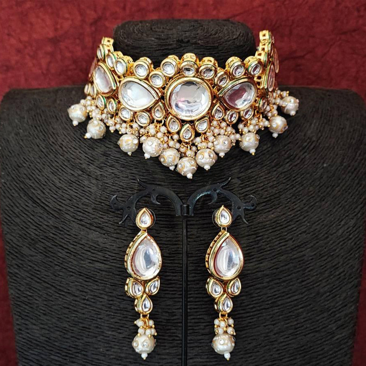 Js Fashion Fancy Design High Gold Polish Beautiful Kundan Stones Kundan Choker Style Necklace Set