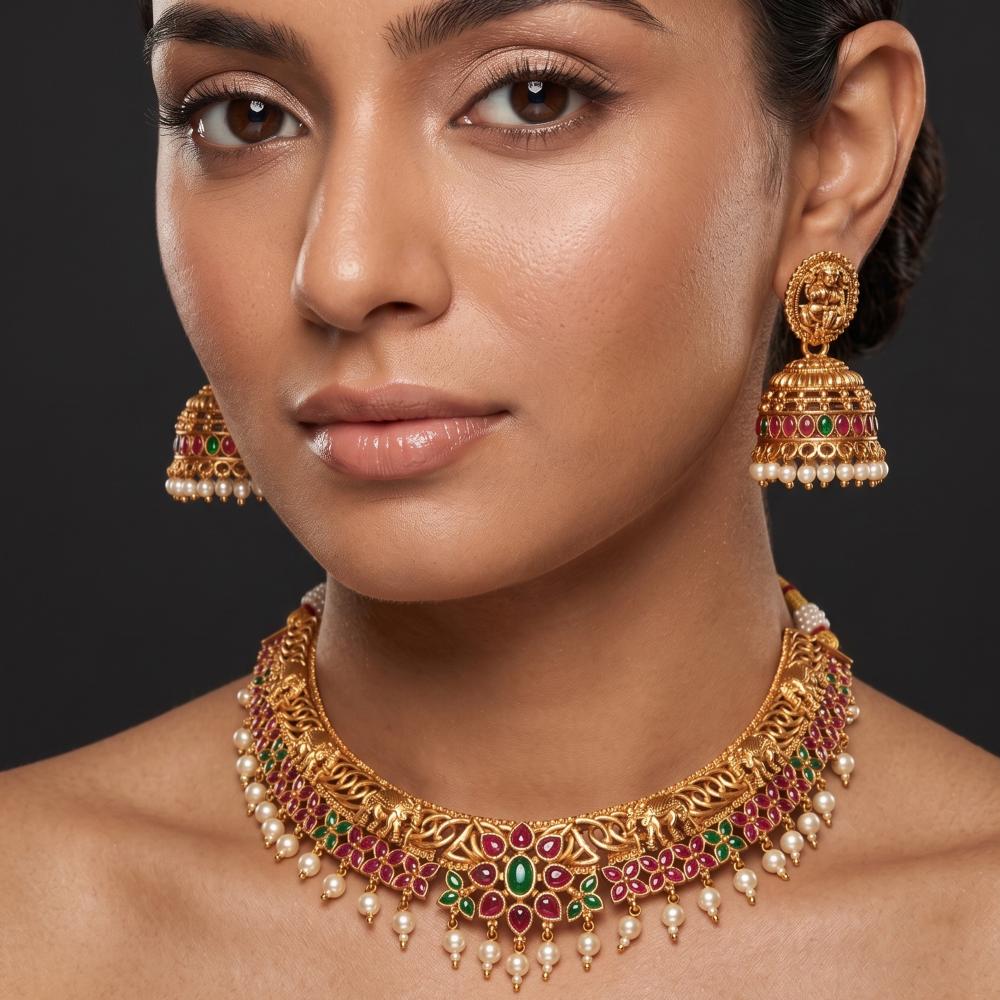 Js Fashion Traditional Temple Necklace Set With Green Stones Pearl Drops