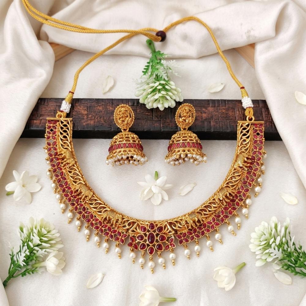 Js Fashion Traditional Temple Necklace Set With Green Stones Pearl Drops