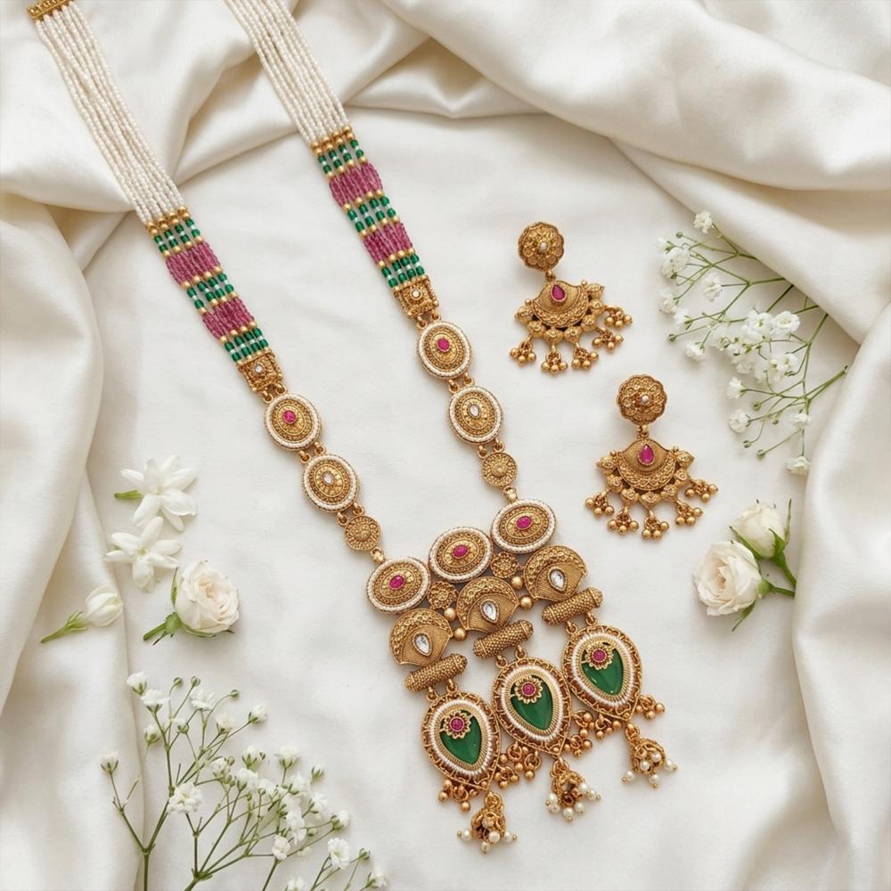 Js Fashion Heritage Rajwadi Necklace Set With Pearl Beads And Earrings