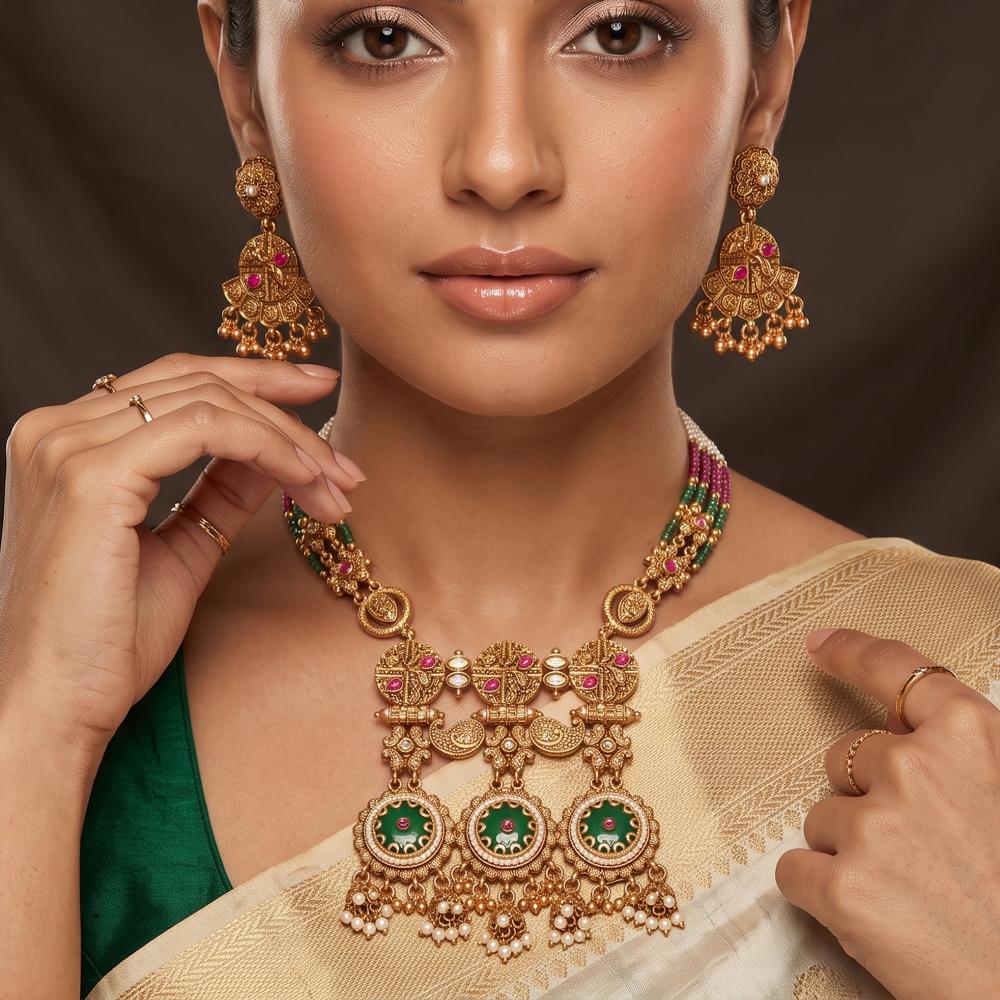 Js Fashion Premium Rajwadi Polish Necklace Set Featuring Green Pink Stones