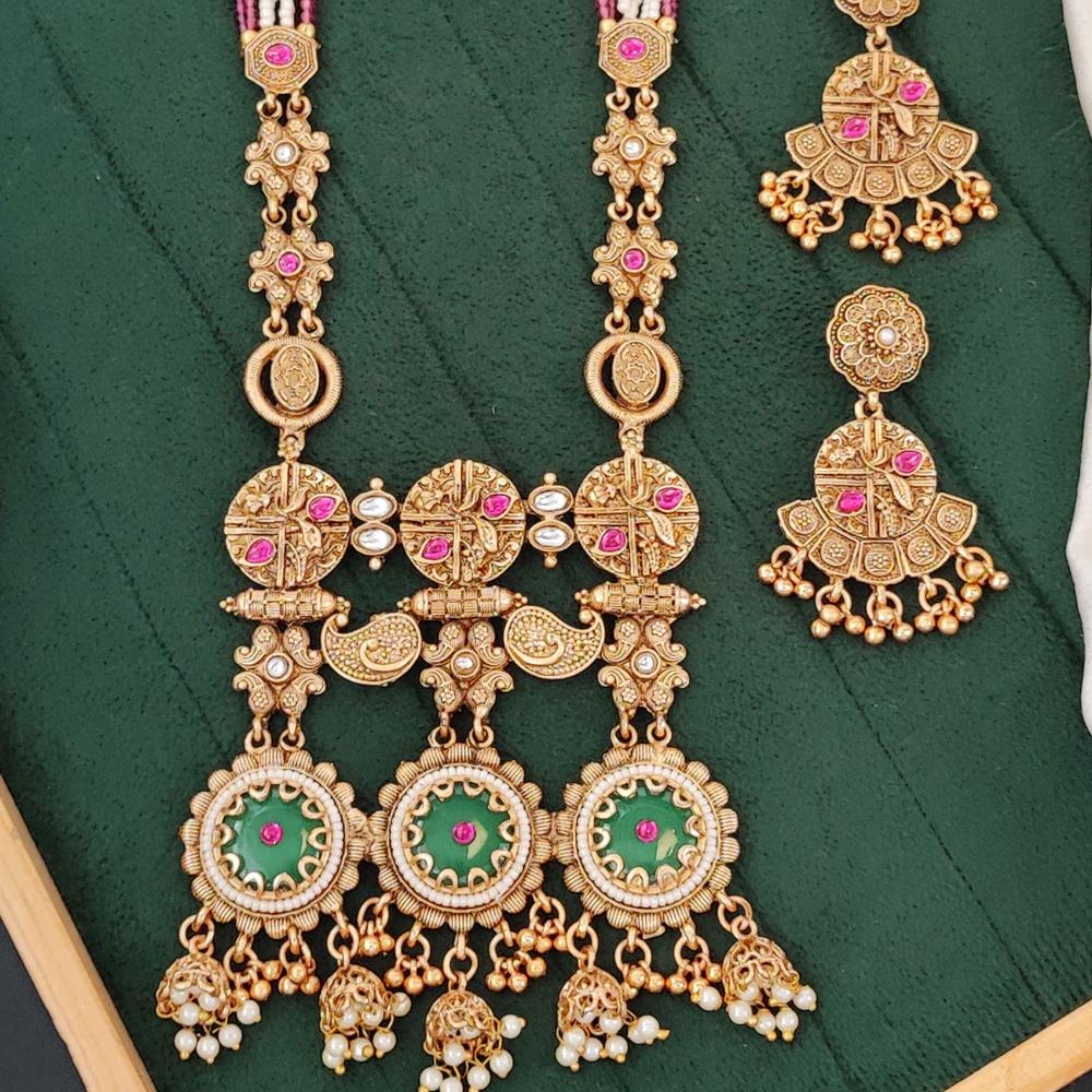 Js Fashion Premium Rajwadi Polish Necklace Set Featuring Green Pink Stones