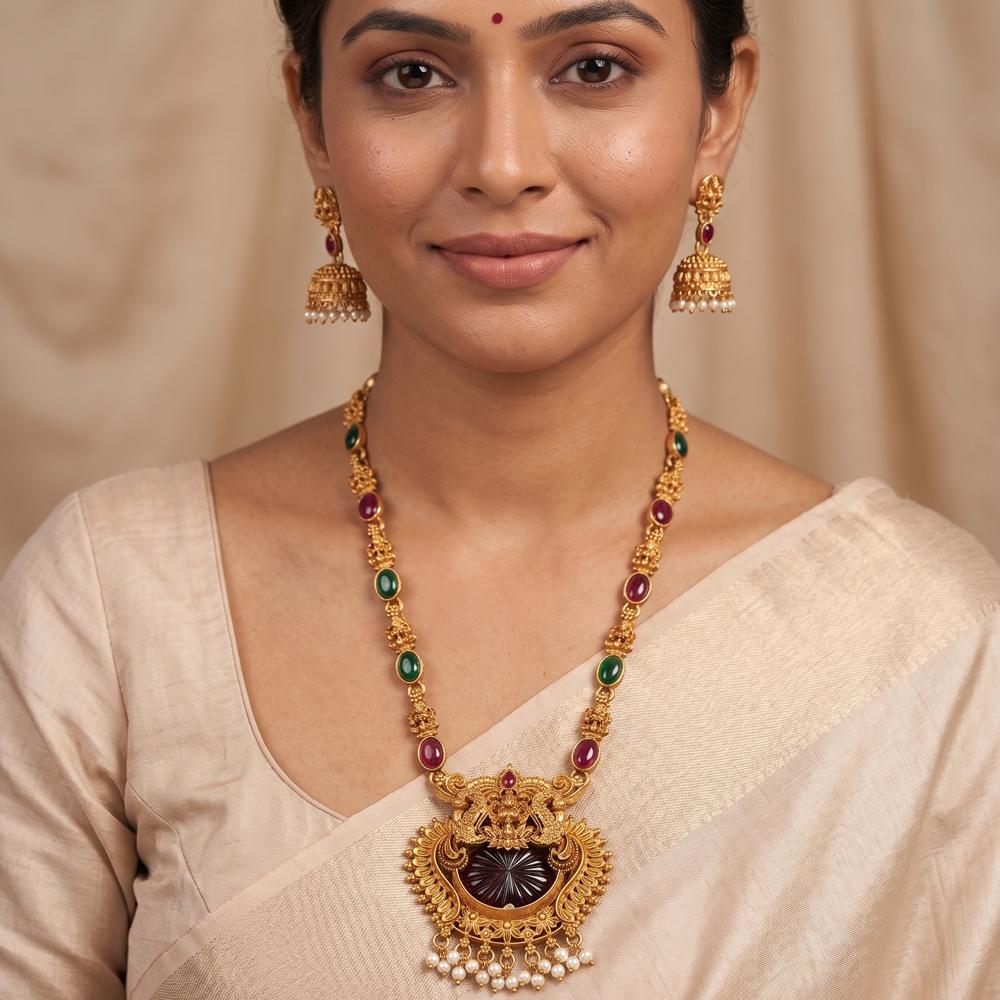 Js Fashion Designer Temple Jewellery Necklace Set with Jhumka Earrings