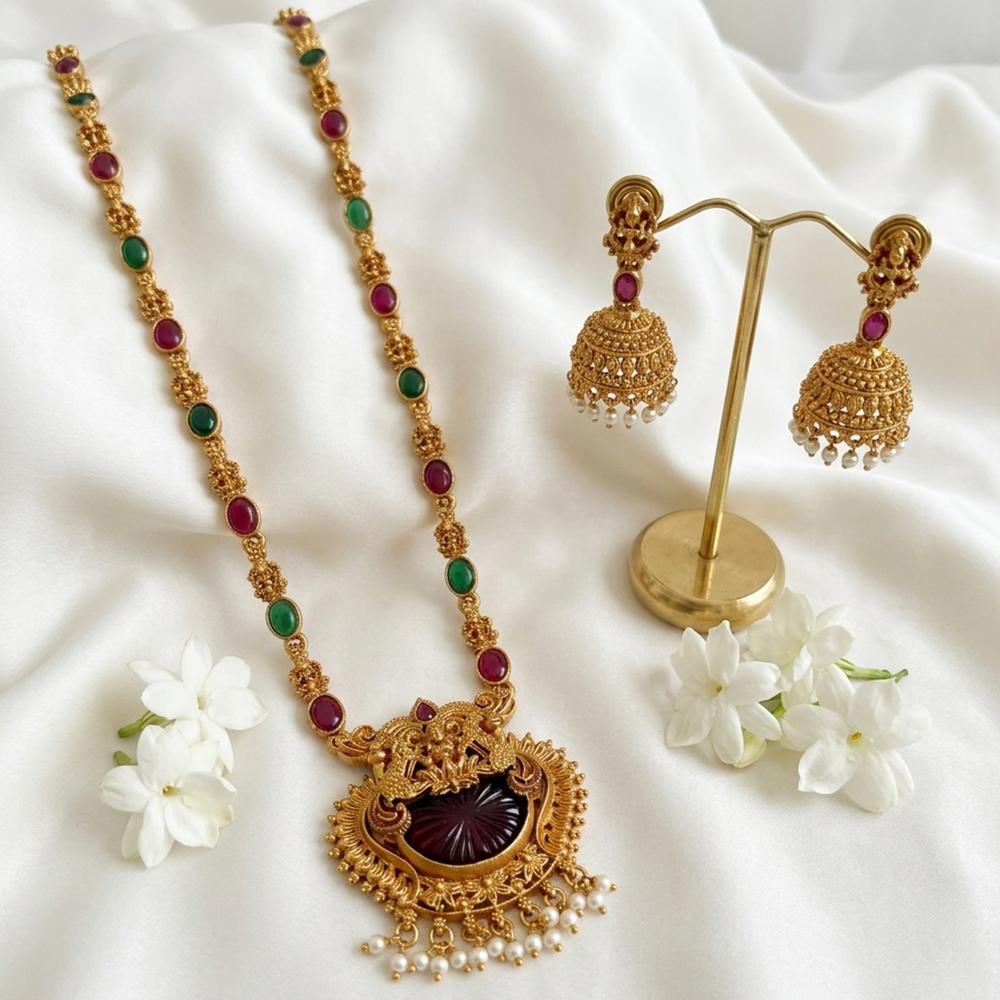 Js Fashion Designer Temple Jewellery Necklace Set with Jhumka Earrings