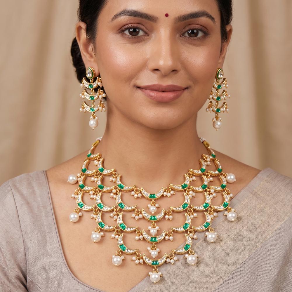 Js Fashion Fancy Full Stone Pearl Necklace Set High Gold Finish