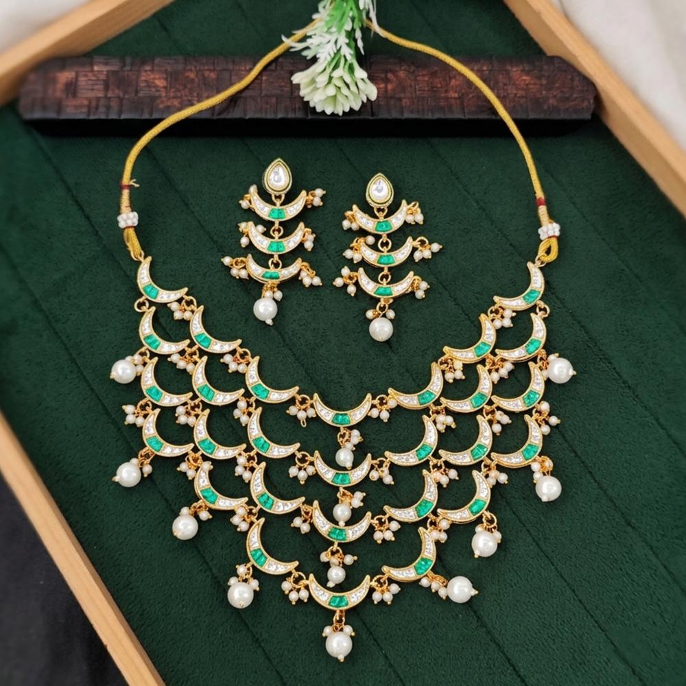 Js Fashion Fancy Full Stone Pearl Necklace Set High Gold Finish