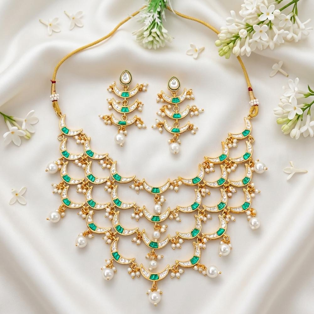 Js Fashion Fancy Full Stone Pearl Necklace Set High Gold Finish