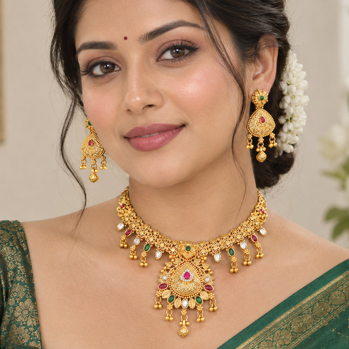 Js Fashion Designer Rajwadi Necklace Set With Matching Antique Earrings