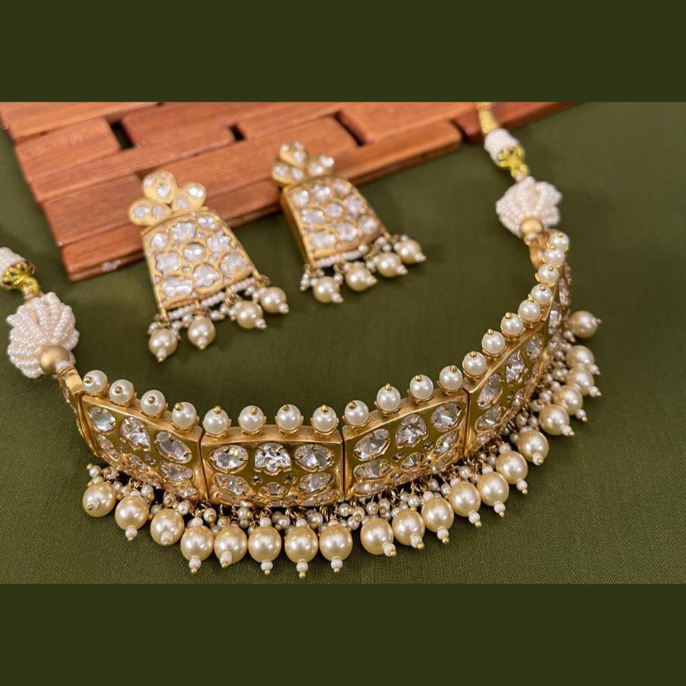 Arham Premium Gold Plated Designer Heavy Polki Kundan And Beads Choker Necklace Set