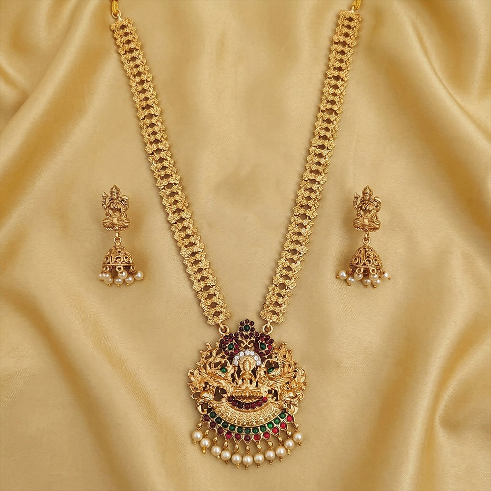 Js Fashion Matte Gold Polish Clustered Pearl Laxmi Pendant Designer Fancy style Temple Jewellery Long Temple Necklace Set